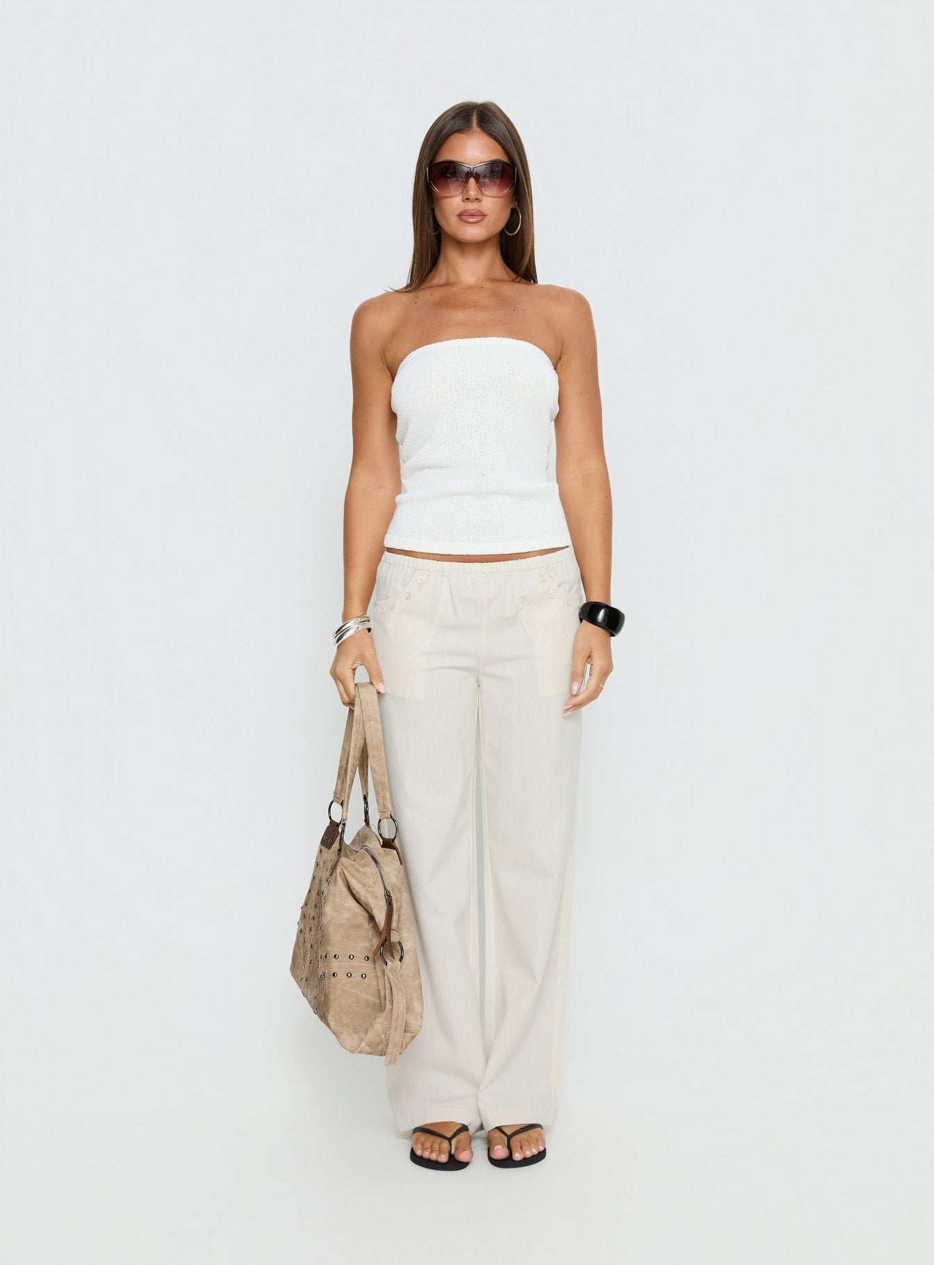 Around The Clock Button Detail Mid Rise Wide Leg Pants Cream - Image 7