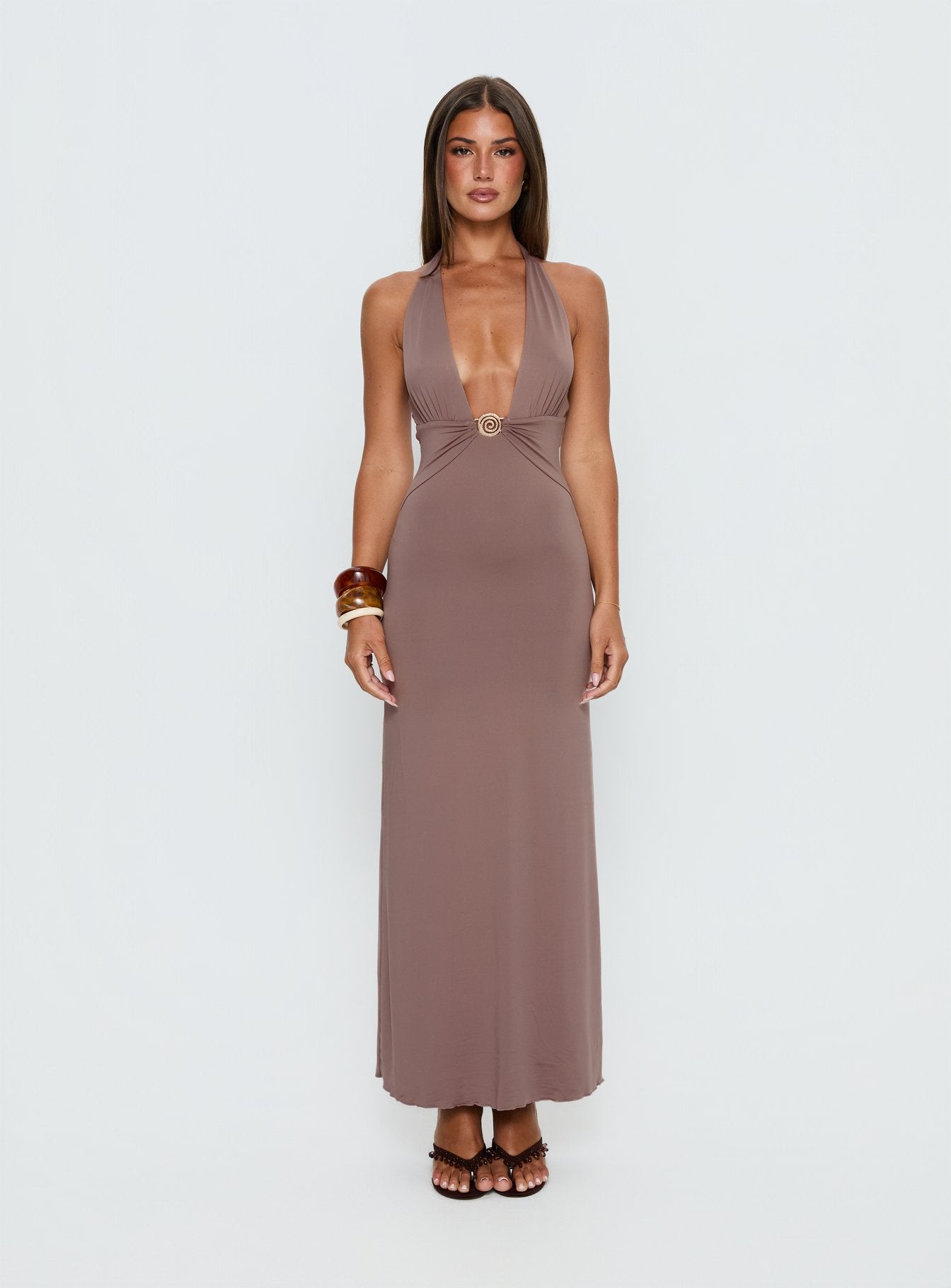 Naysana Halter Ruched Maxi Dress Mocha - Image 6