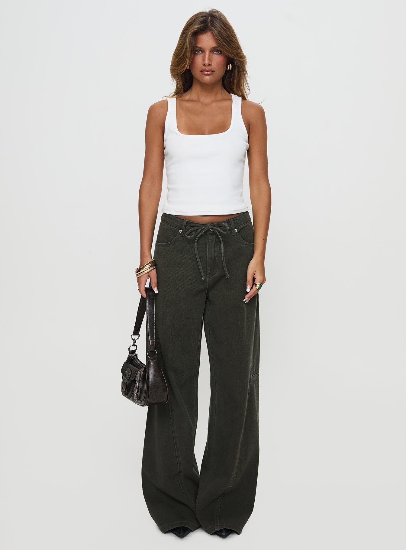 Bruiser Tie Waist Mid Rise Wide Leg Jeans Green Petite - Image 7