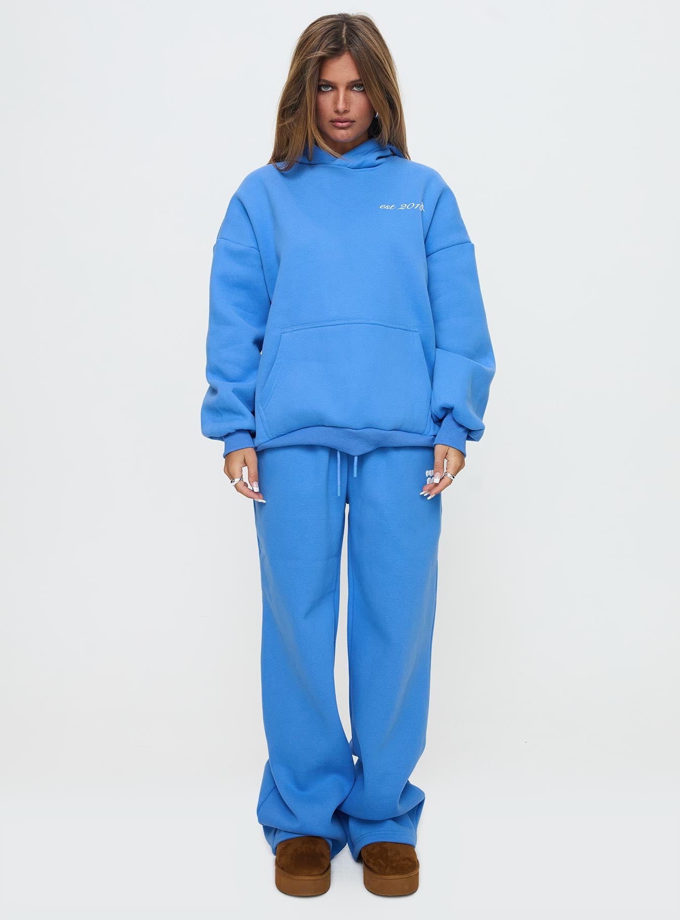 Princess Polly Wide Leg Track Pant Bubble Text Blue - Image 6