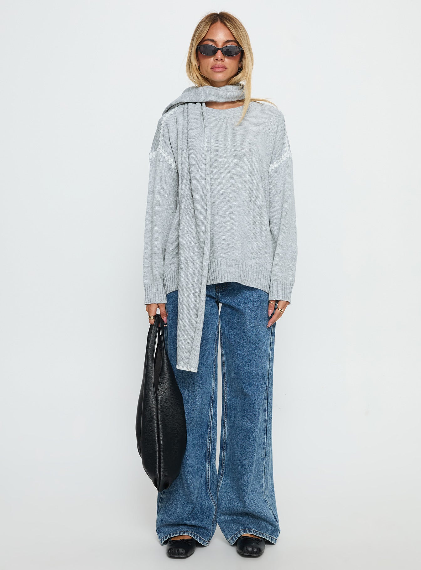 Keriana Contrast Stitch Knit Sweater Grey / White - Image 7