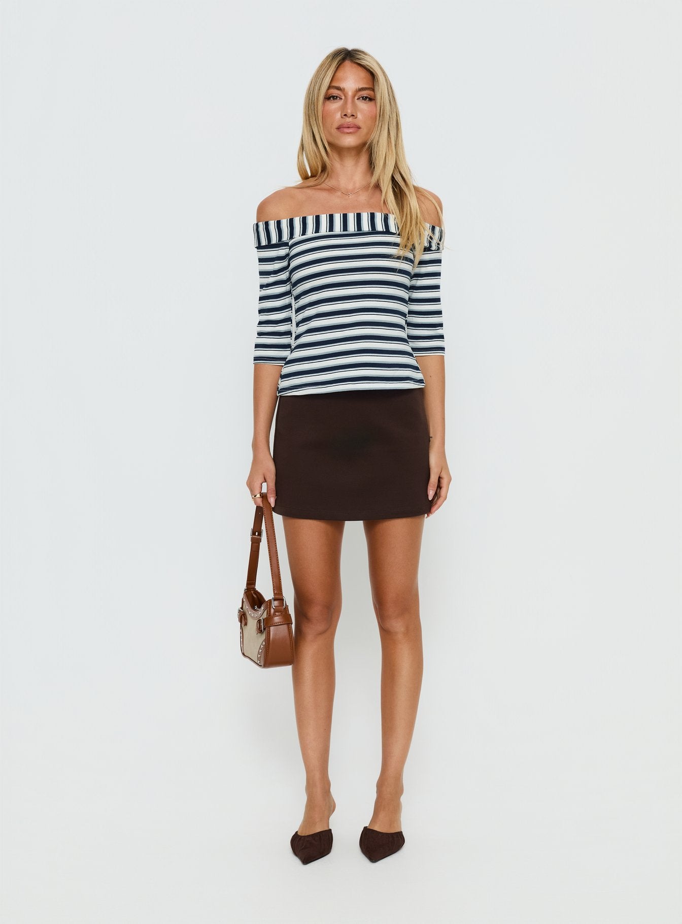 Shaylla Off Shoulder 3/4 Sleeve Top Blue Stripe - Image 6
