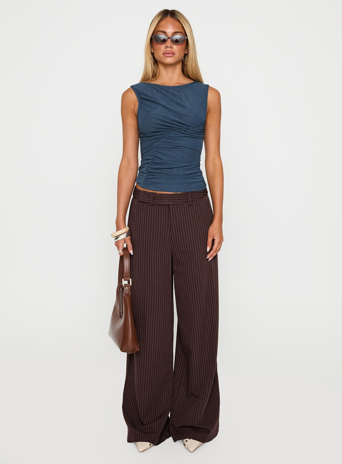 Lustre Wide Leg Pant Brown Pinstripe - Image 8