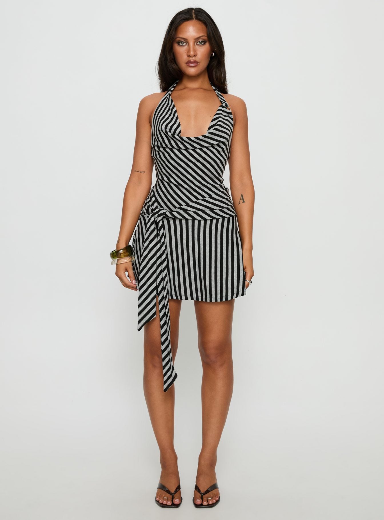 Terika Plunge Neck Halter Mini Dress Grey / Black - Image 8