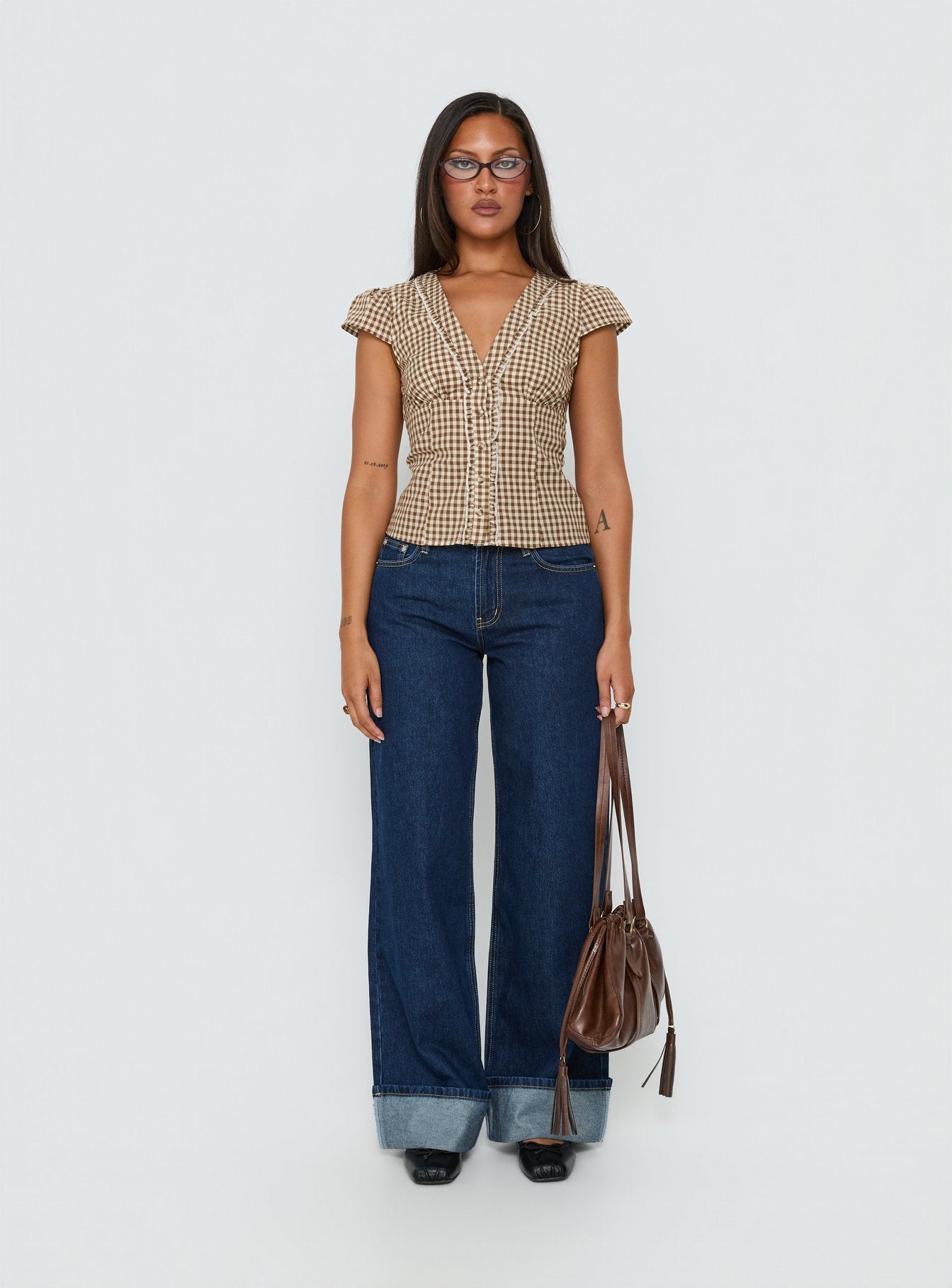 Bradlie Frill Detail Short Sleeve Blouse Top Chocolate Gingham - Image 7