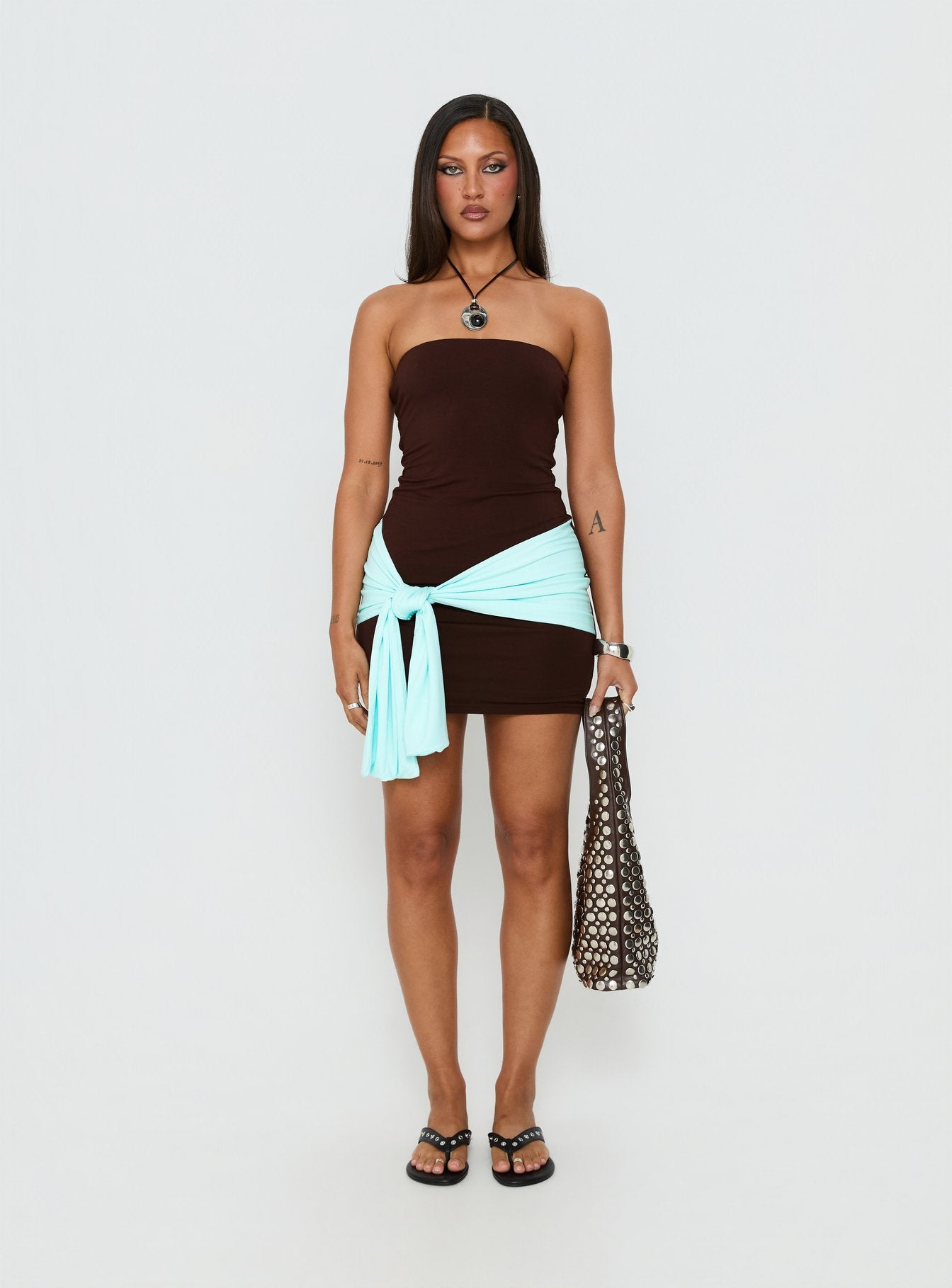 Teeah Strapless Tie Detail Contrast Mini Dress Brown / Blue - Image 7