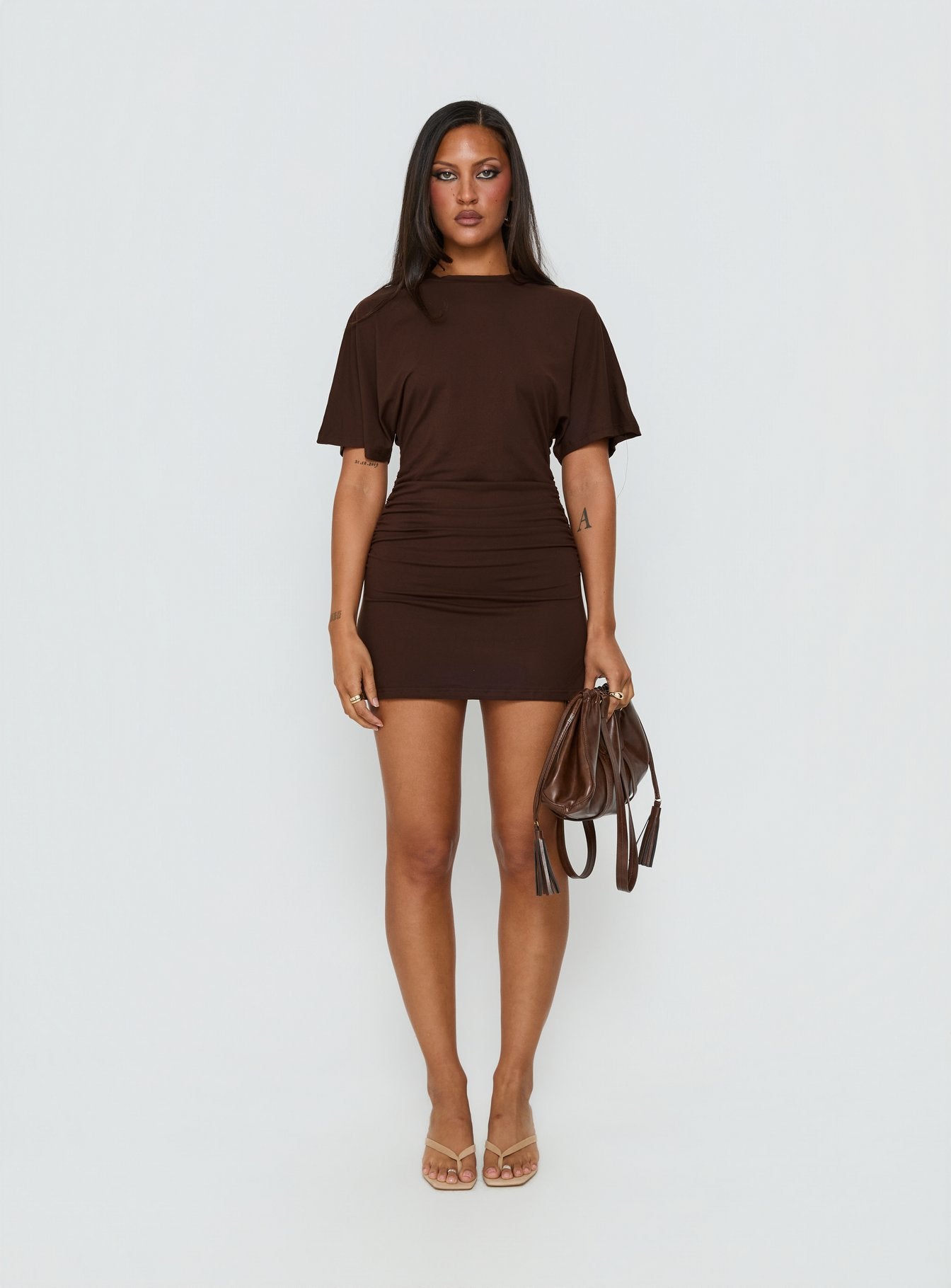 Hunni Ruched Shirt Mini Dress Brown - Image 7