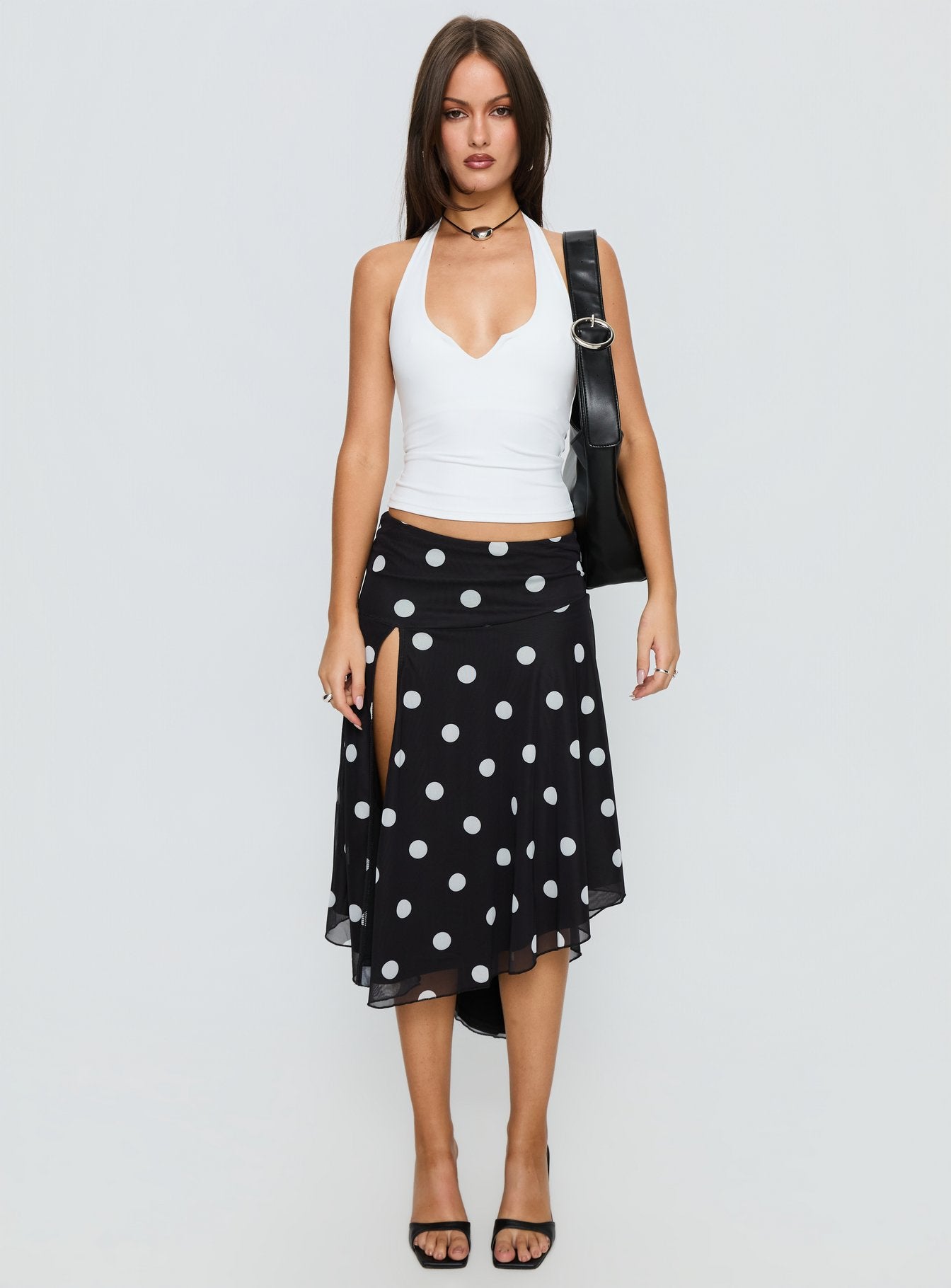 Dulciana High Split Asymmetrical Midi Skirt Black / Polka Dot - Image 7