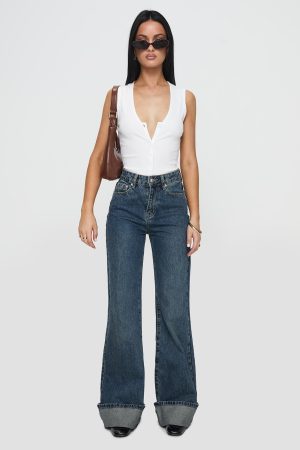 Florida Keys Mid Rise Straight Leg Cuffed Jeans Mid Blue