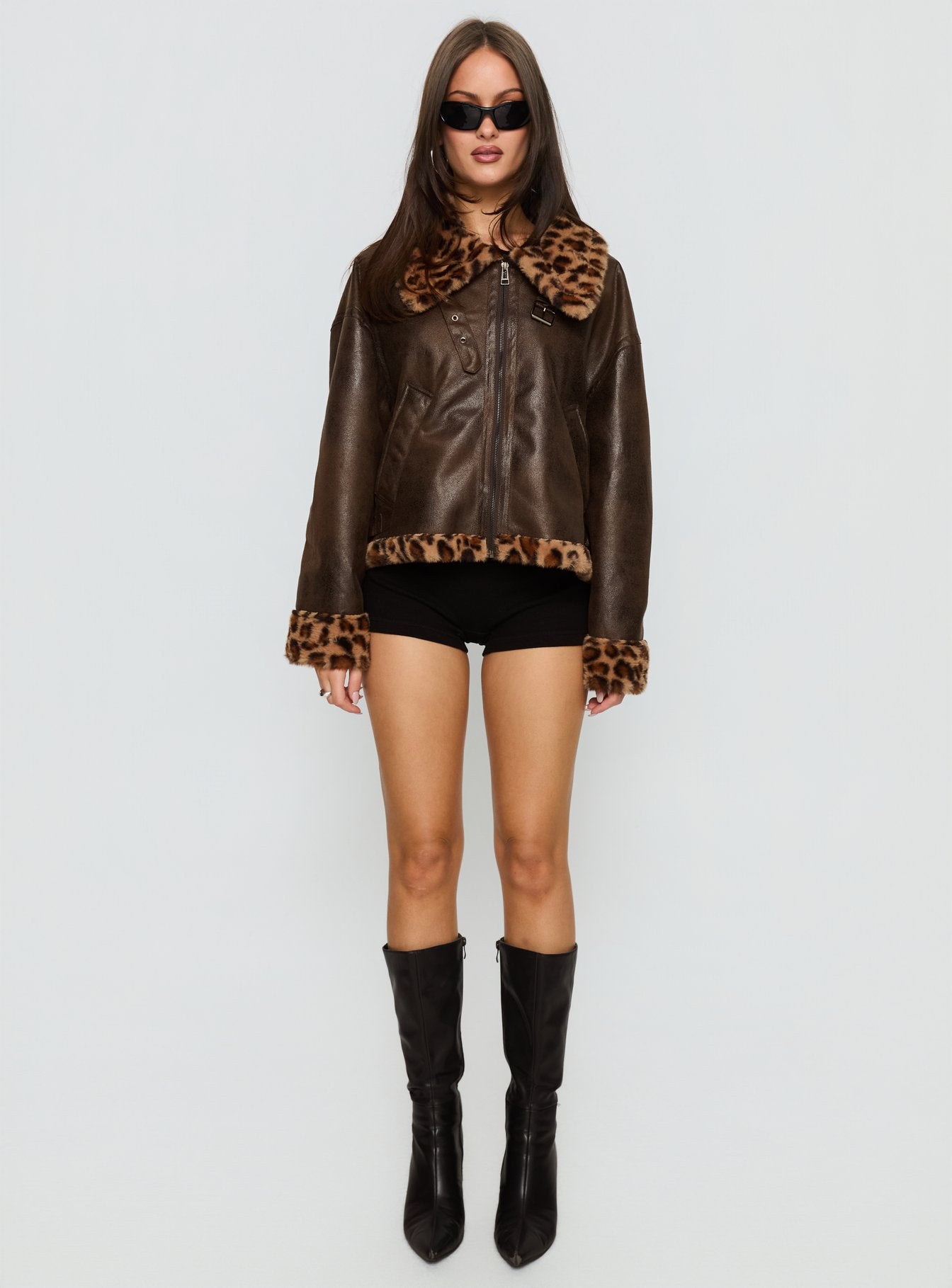 Brandyn Faux Fur Trim Jacket Brown / Leopard - Image 7