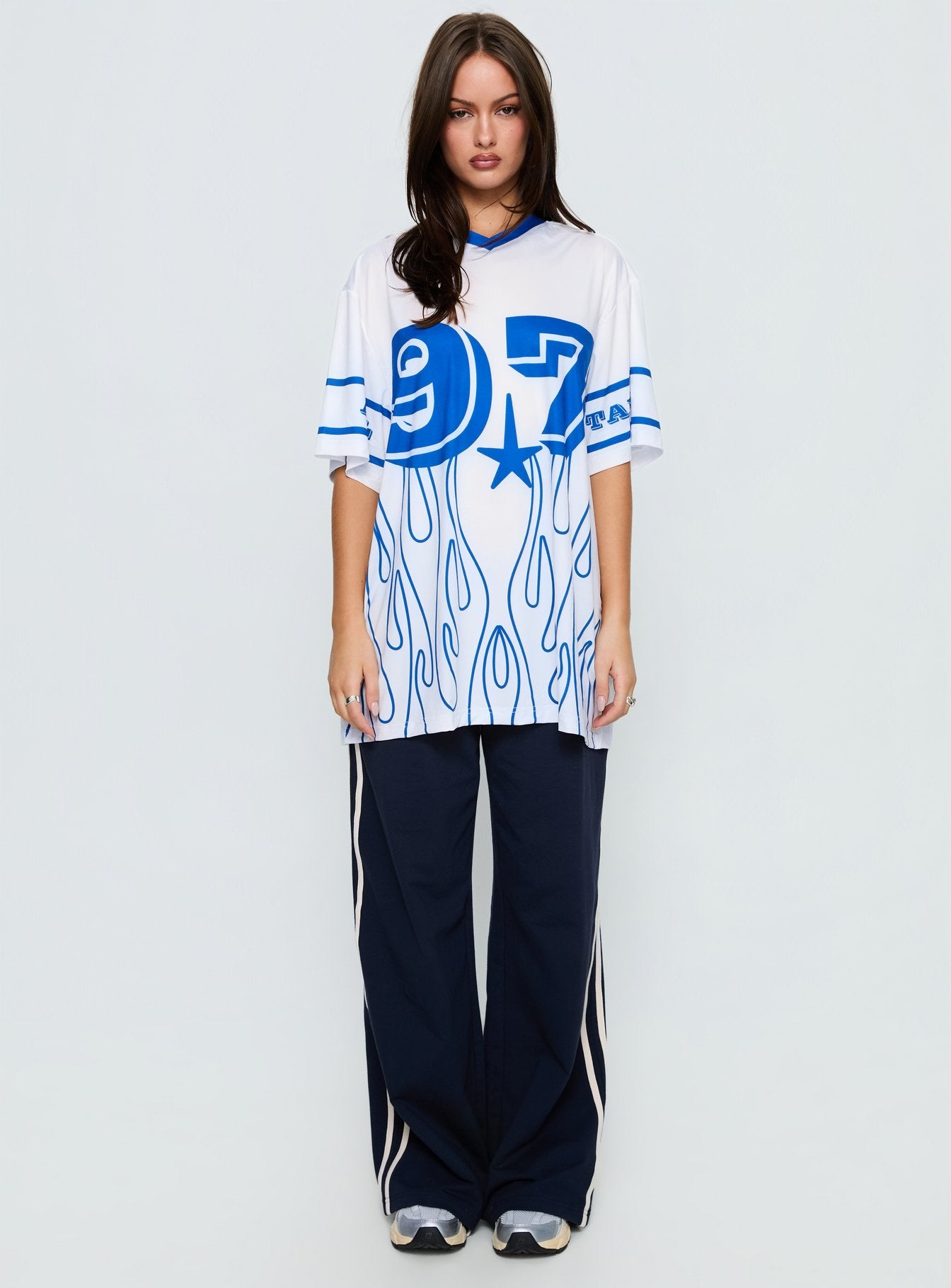 97 Sportstar Oversized Jersey Graphic Top White / Blue - Image 7