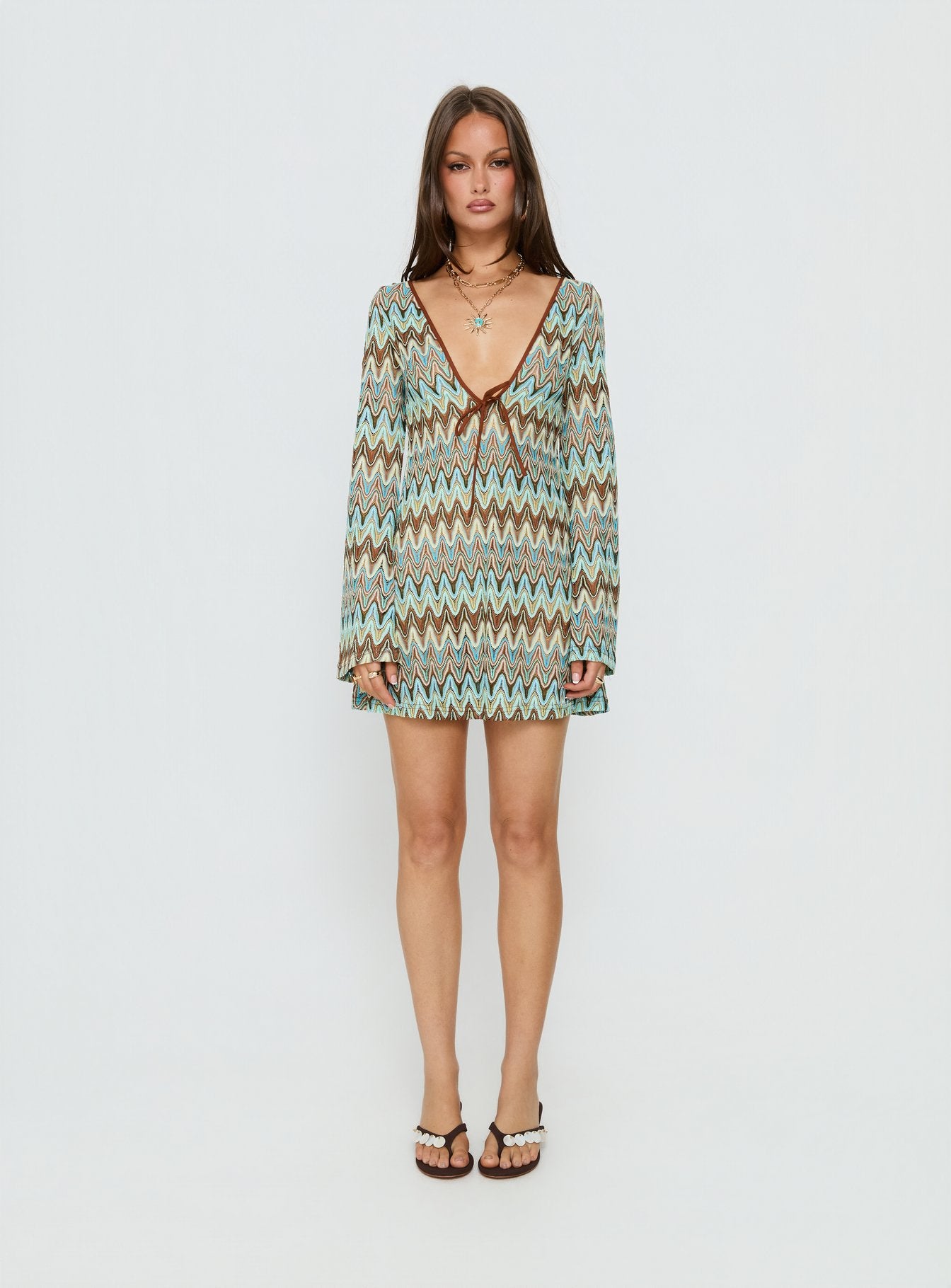 Rizario Long Sleeve Crochet Mini Dress Blue Multi - Image 7