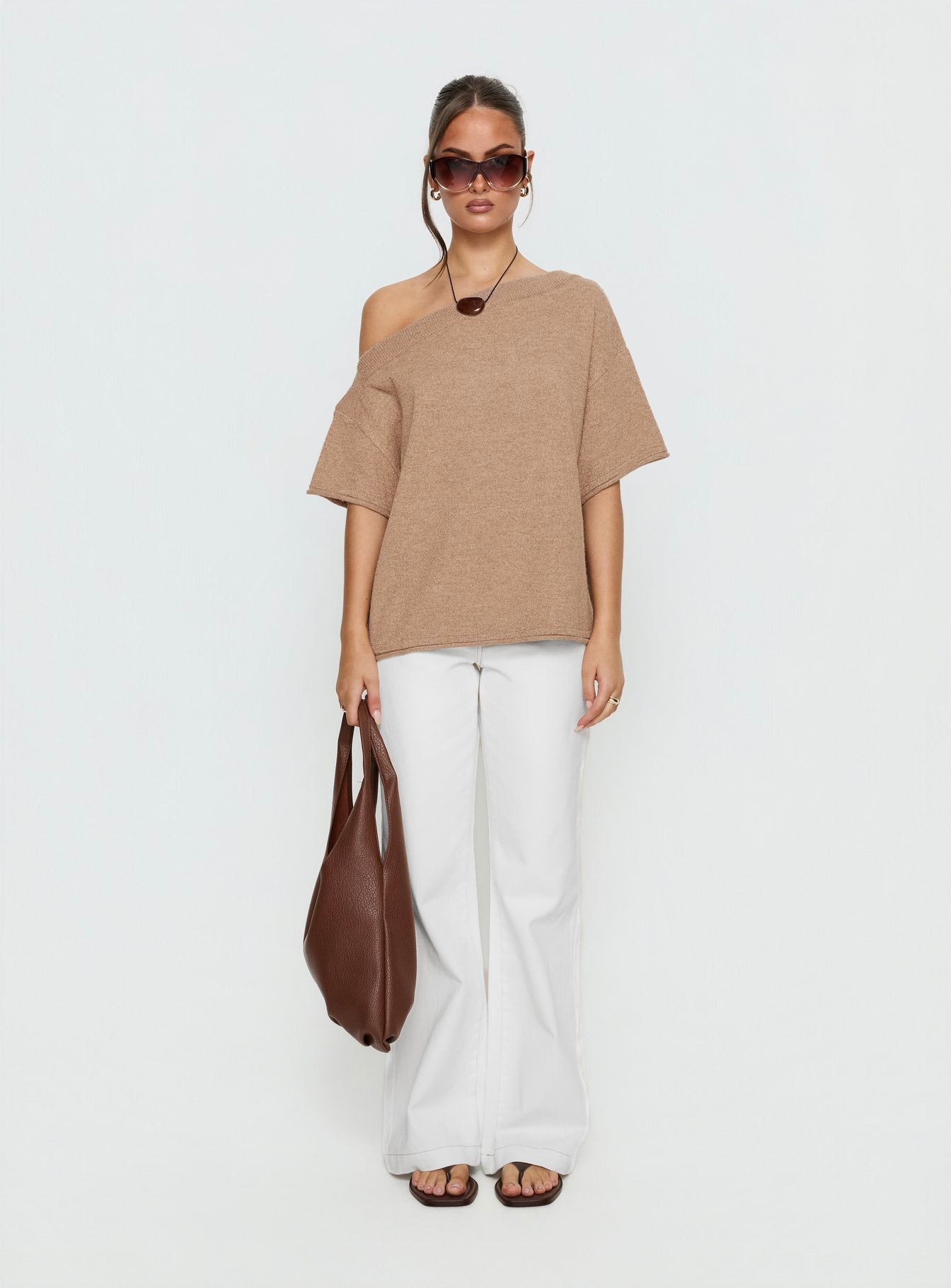 Kourta Off Shoulder Oversized Knit Top Mocha - Image 6