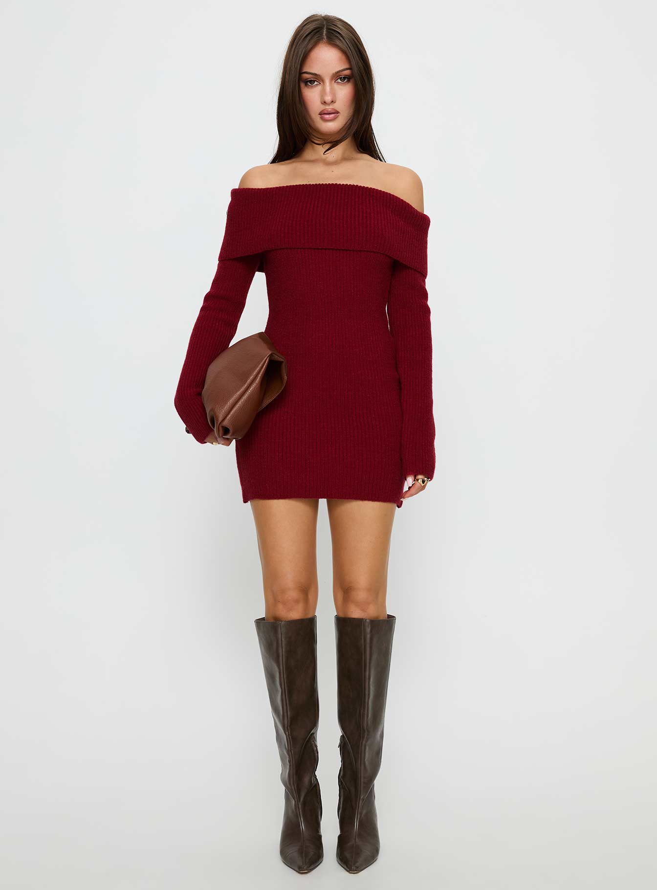 Noriko Long Sleeve Knit Mini Dress Burgundy - Image 7