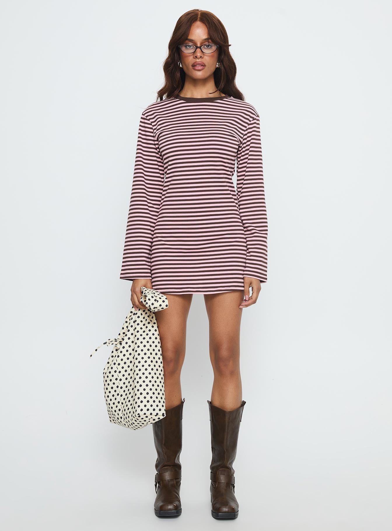 Lulolah Long Sleeve Mini Dress Chocolate / Pink Stripe - Image 6