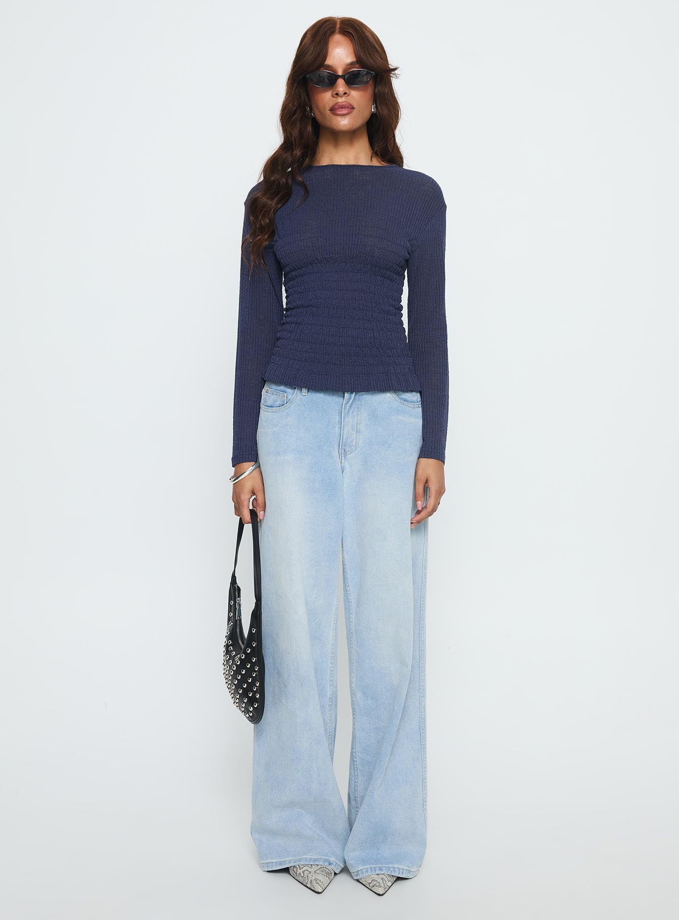 Bradly Shirred Long Sleeve Top Navy - Image 7