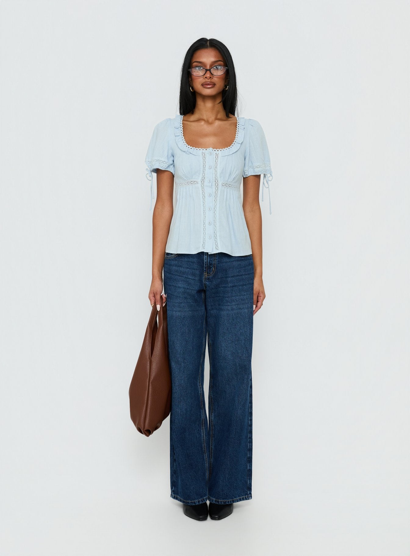 Indianah Pleat Lace Panel Blouse Top Blue - Image 7