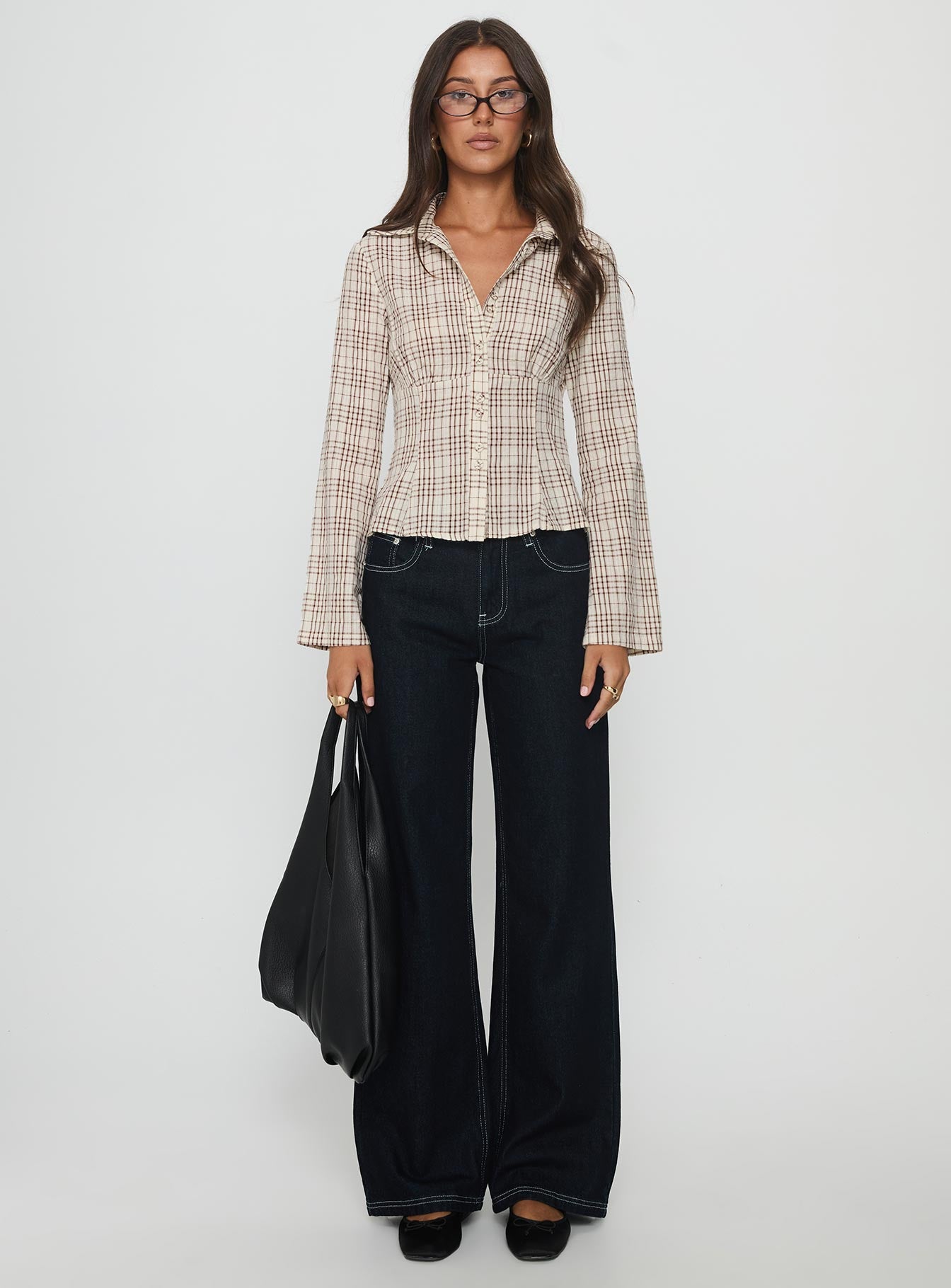 Cottesloe Long Sleeve Blouse Top Brown Check - Image 7