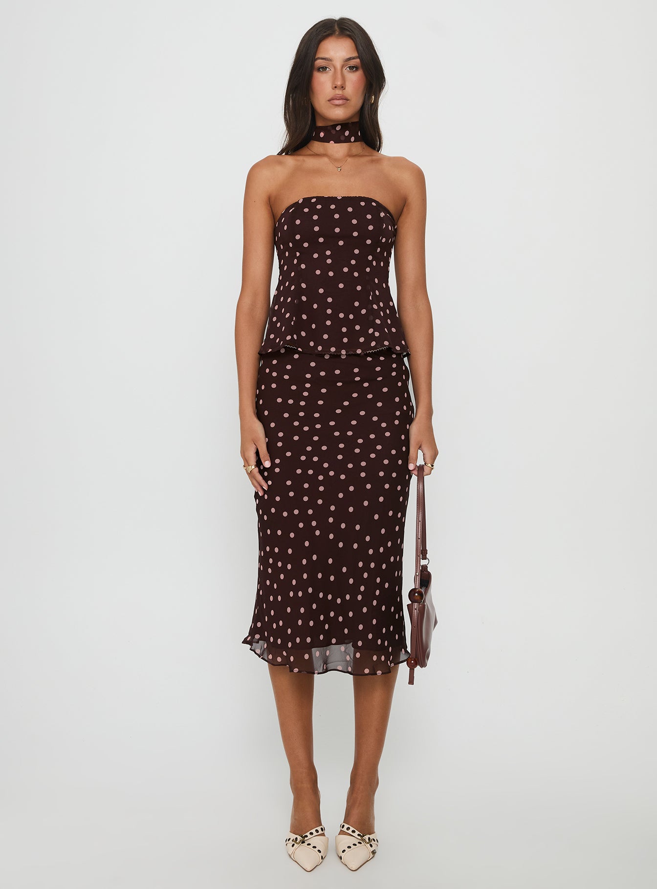 Sydni Scarf Detail Strapless Top Chocolate / Pink Polka Dot - Image 7