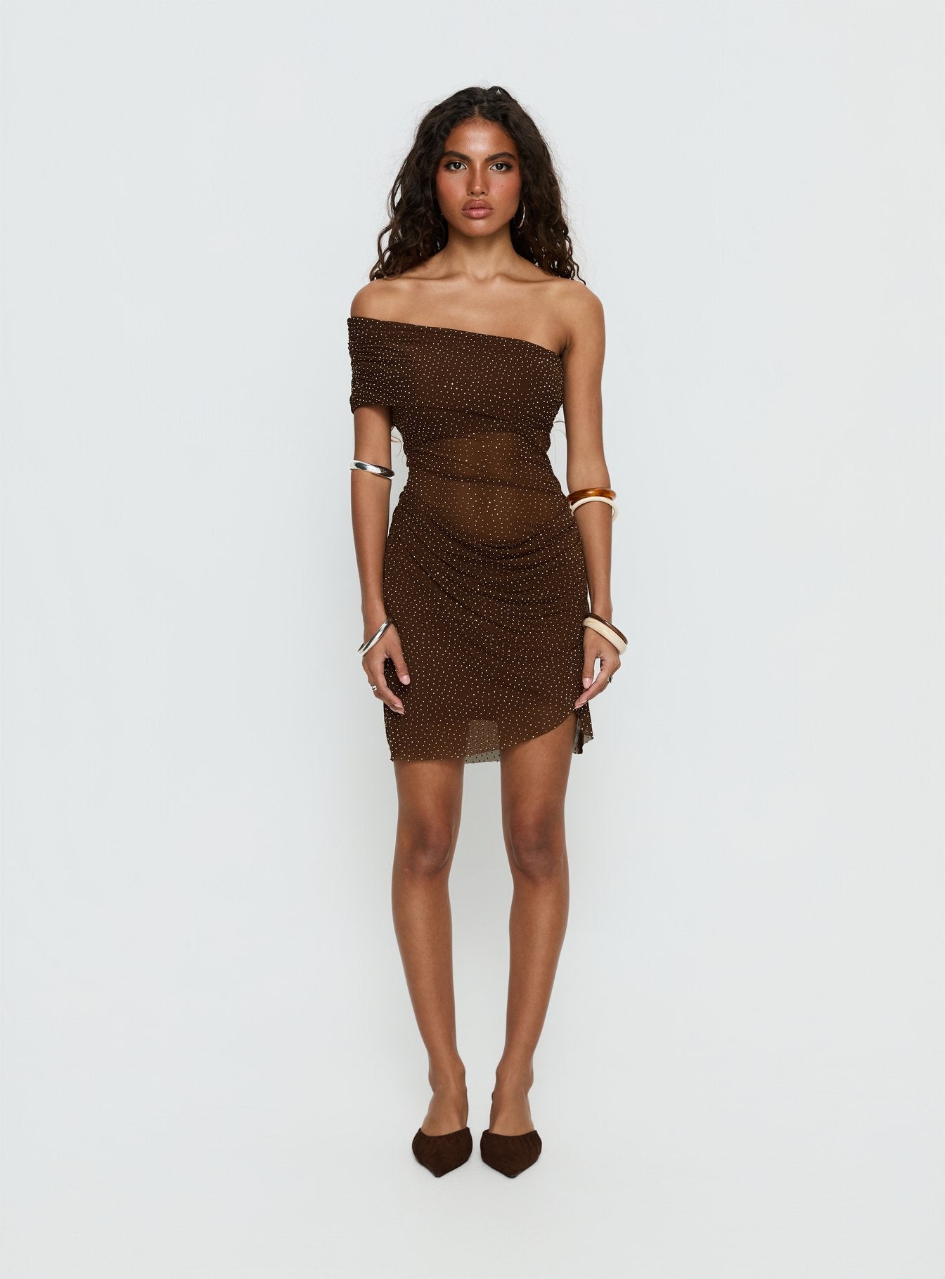 Adriessa One Shoulder Sheer Mini Dress Dark Brown Shimmer - Image 7