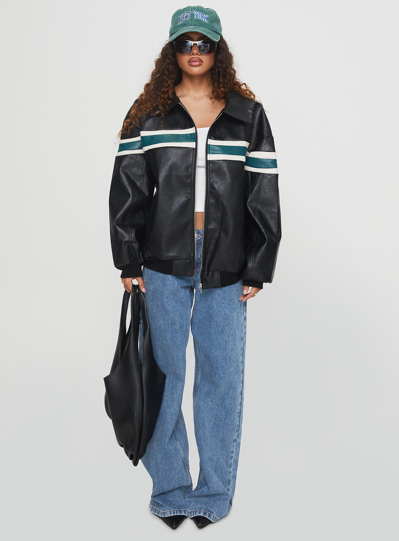 Goldsmith Faux Leather Bomber Jacket Black / Green - Image 7