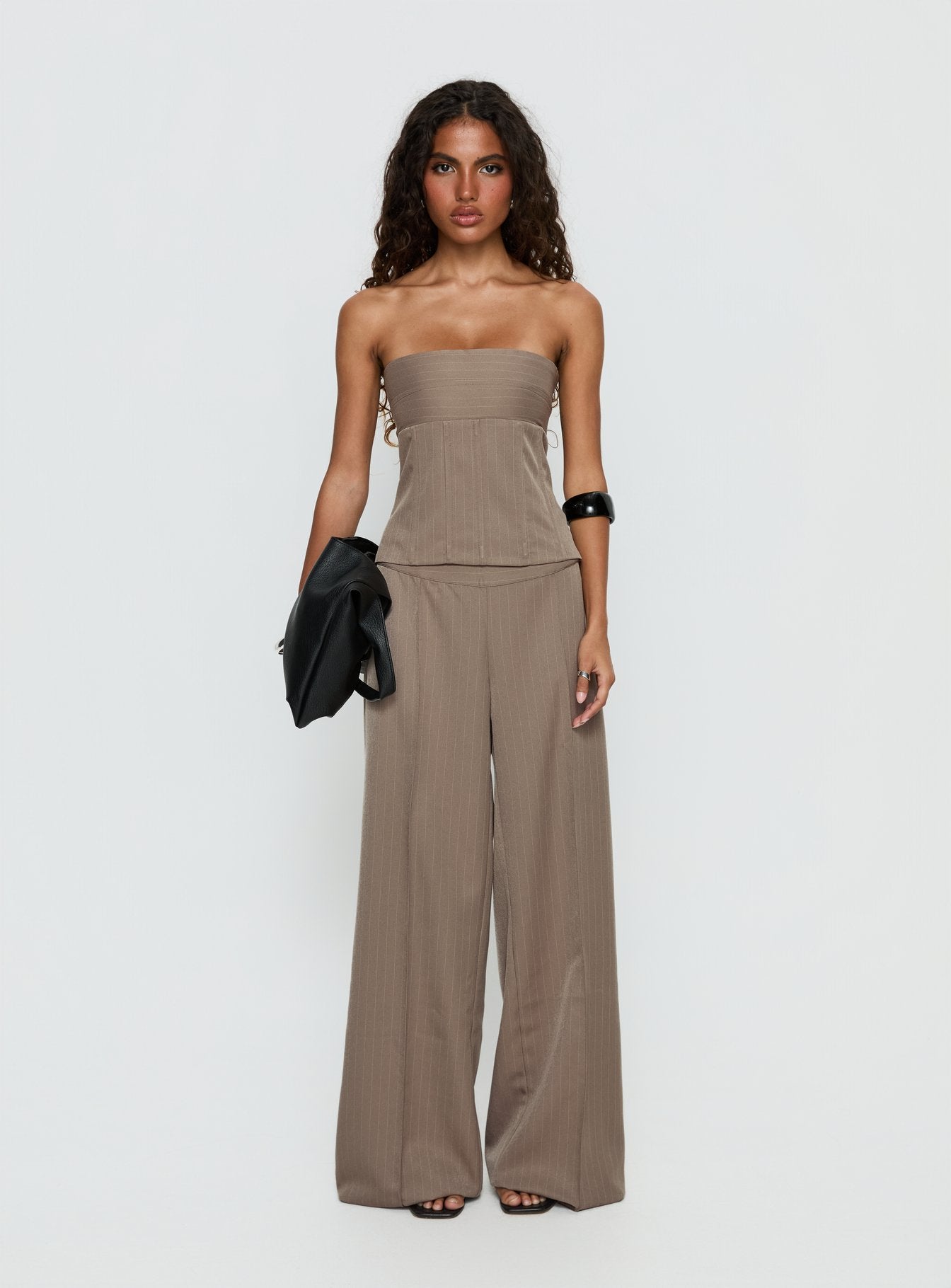Madelle Strapless Tie Up Top Brown Pinstripe - Image 6