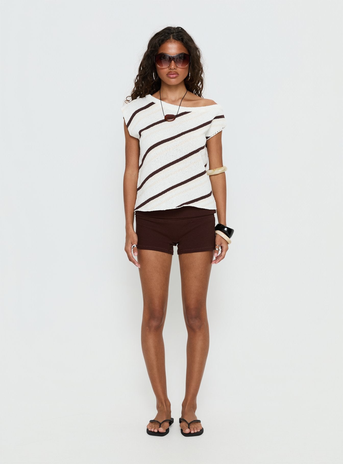 Ashfield Off Shoulder Top White / Beige Stripe - Image 7