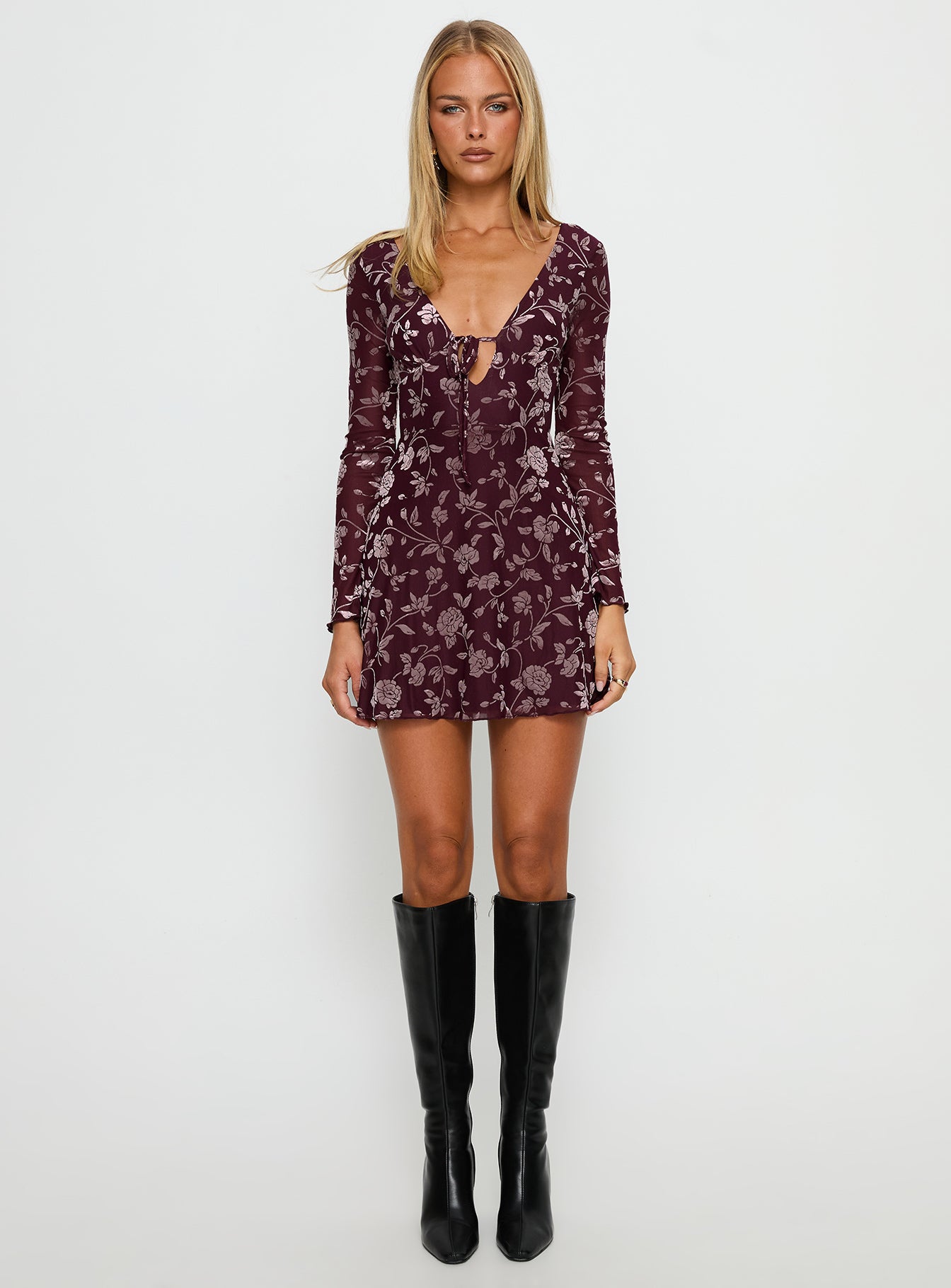 Raylena Long Sleeve V-neck Mini Dress Burgundy Floral - Image 7