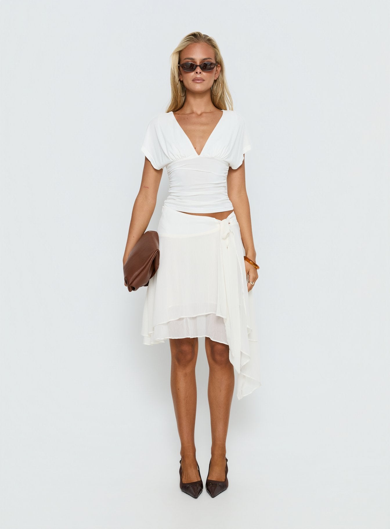 Ophella Tie Waist Chiffon Midi Skirt Cream - Image 7