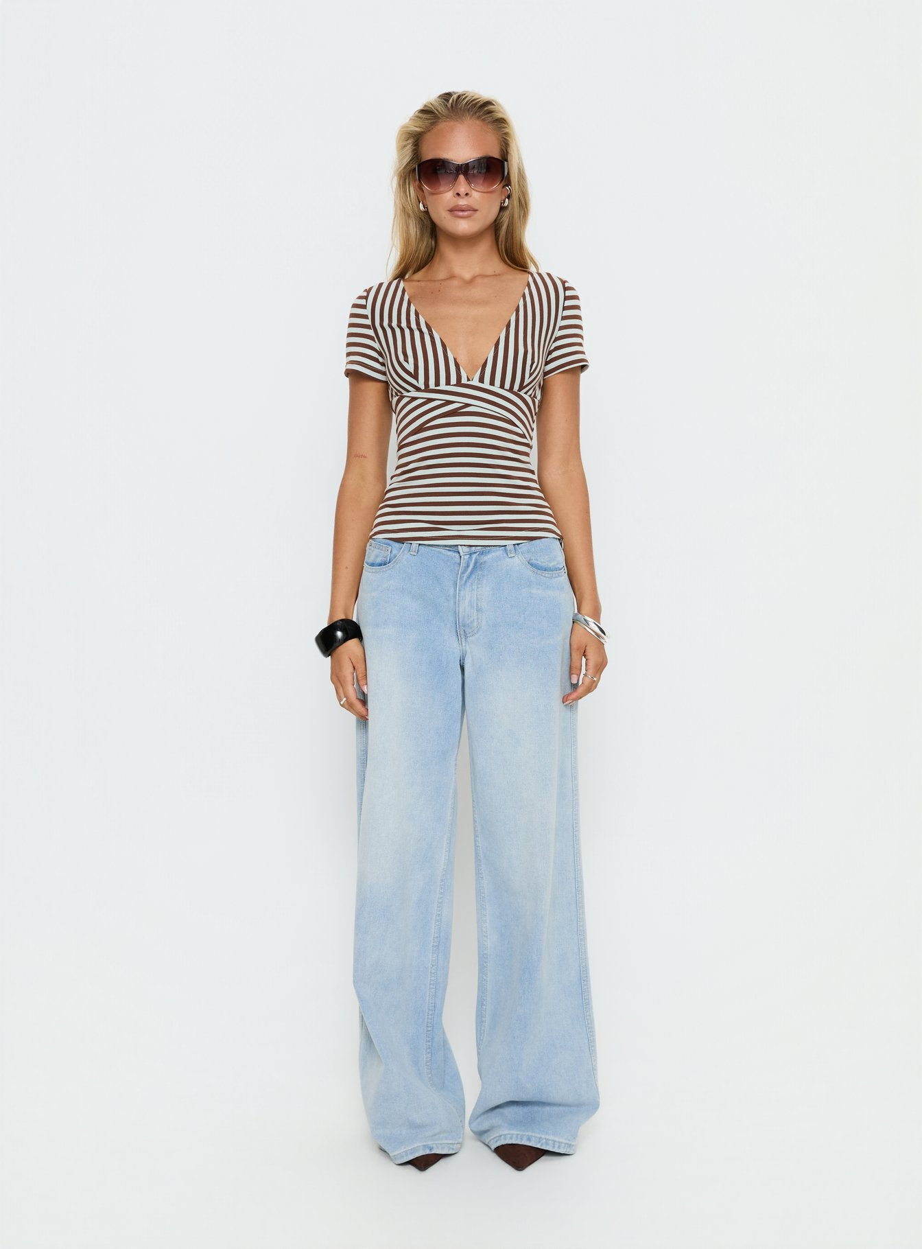 Madelon Short Sleeve Wrap Top Brown / Blue Stripe - Image 8