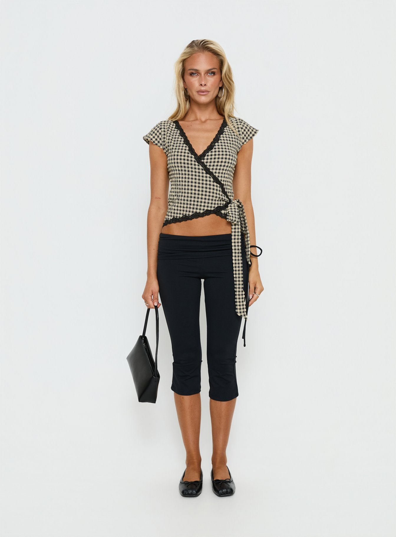 Meltwater Lace Trim Wrap Detail Top Black Check - Image 6