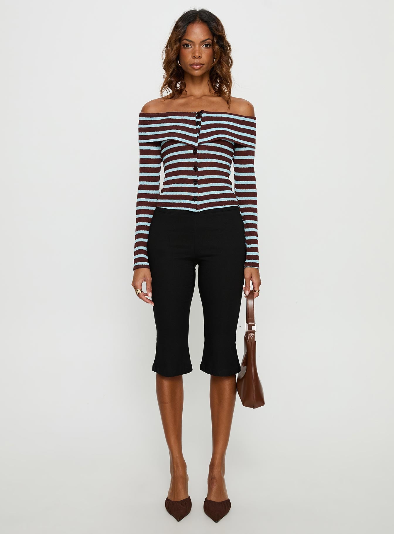 Raelena Off Shoulder Long Sleeve Top Blue / Brown Stripe - Image 6