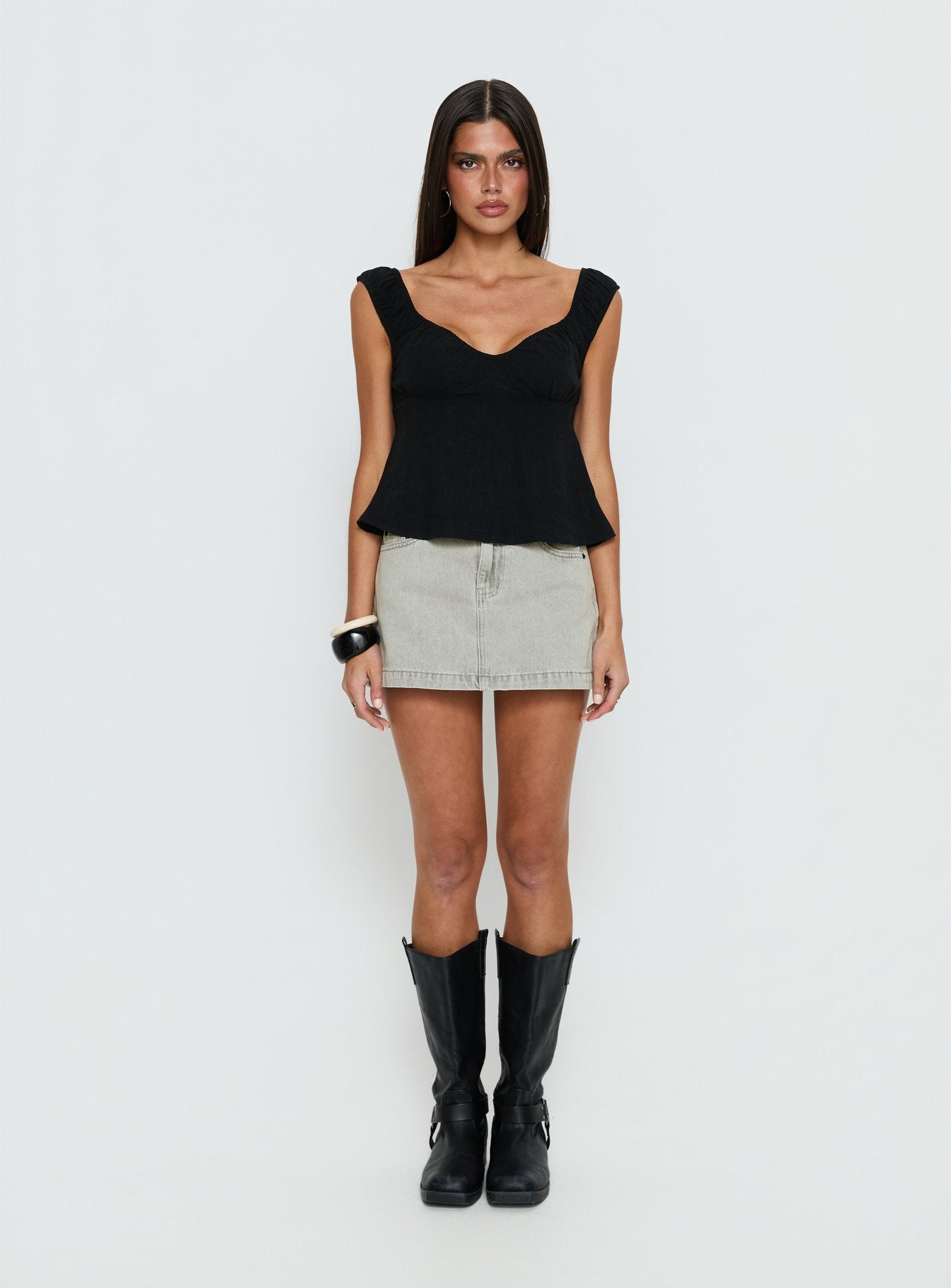 With Pleasure Puff Sleeve Linen Blouse Top Black - Image 6