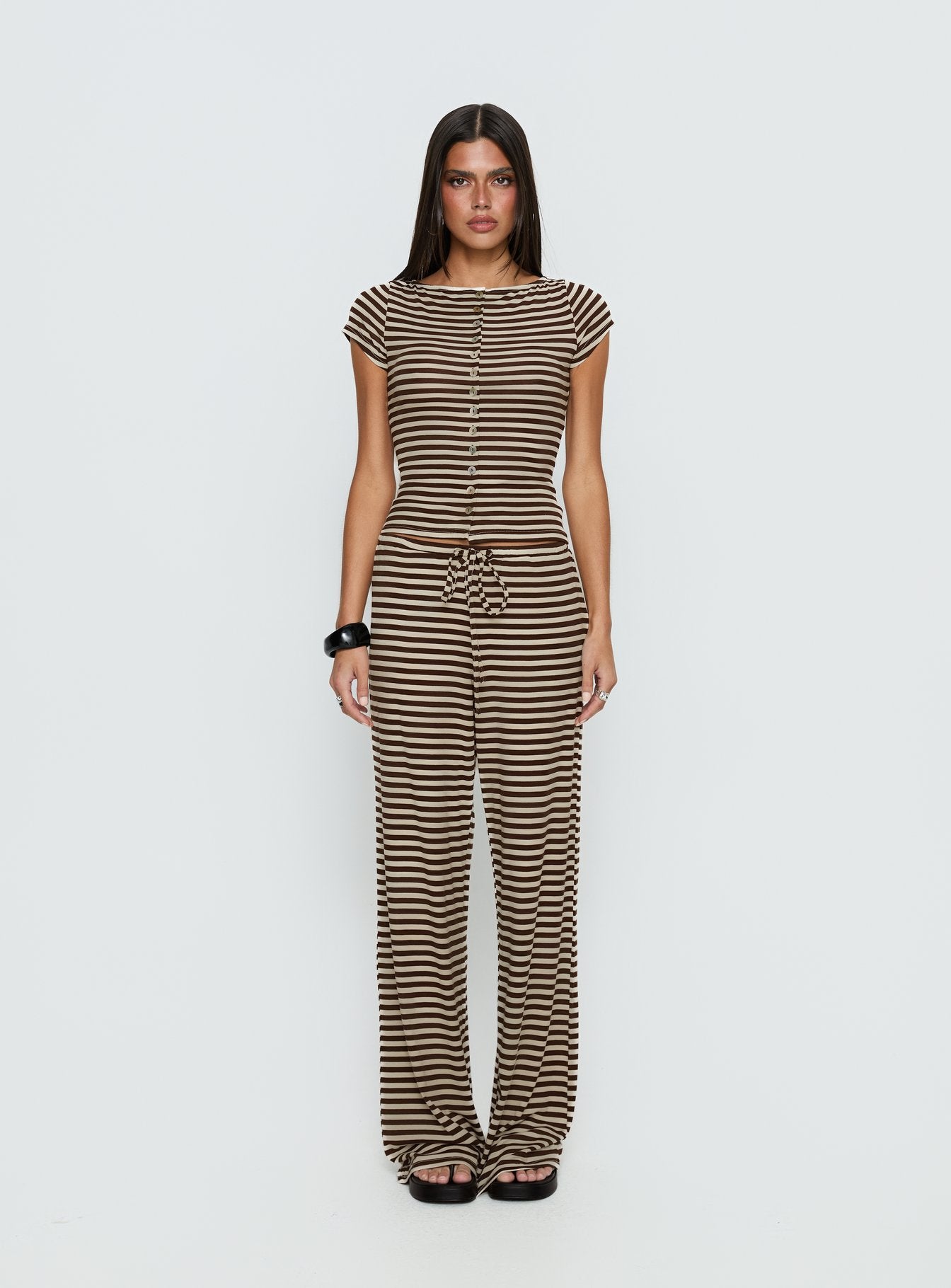 Gavrielle Jersey Wide Leg Pants Chocolate / Cream Stripe - Image 7