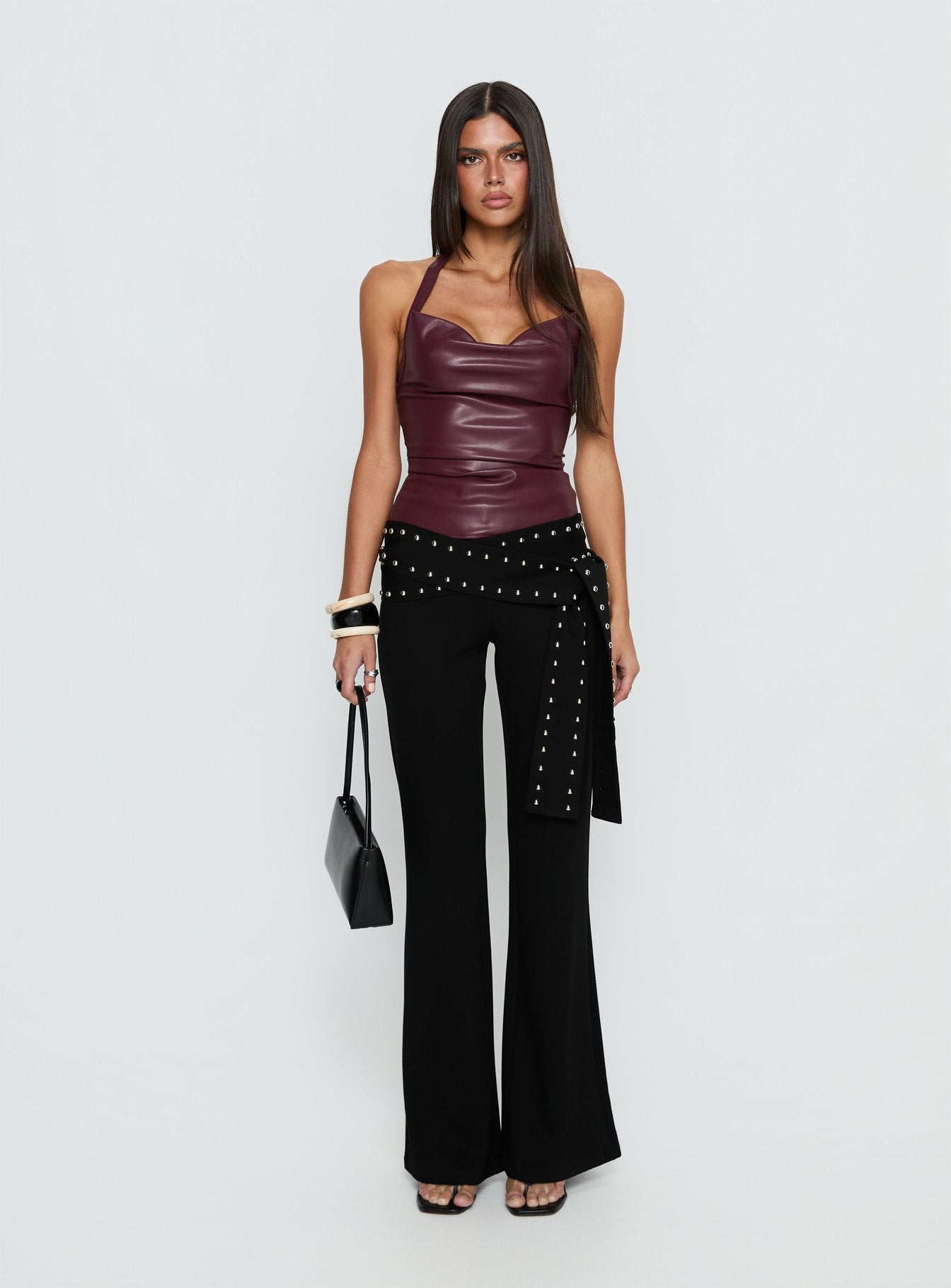 Thunderbolt Faux Leather Cowl Neck Top Plum - Image 7