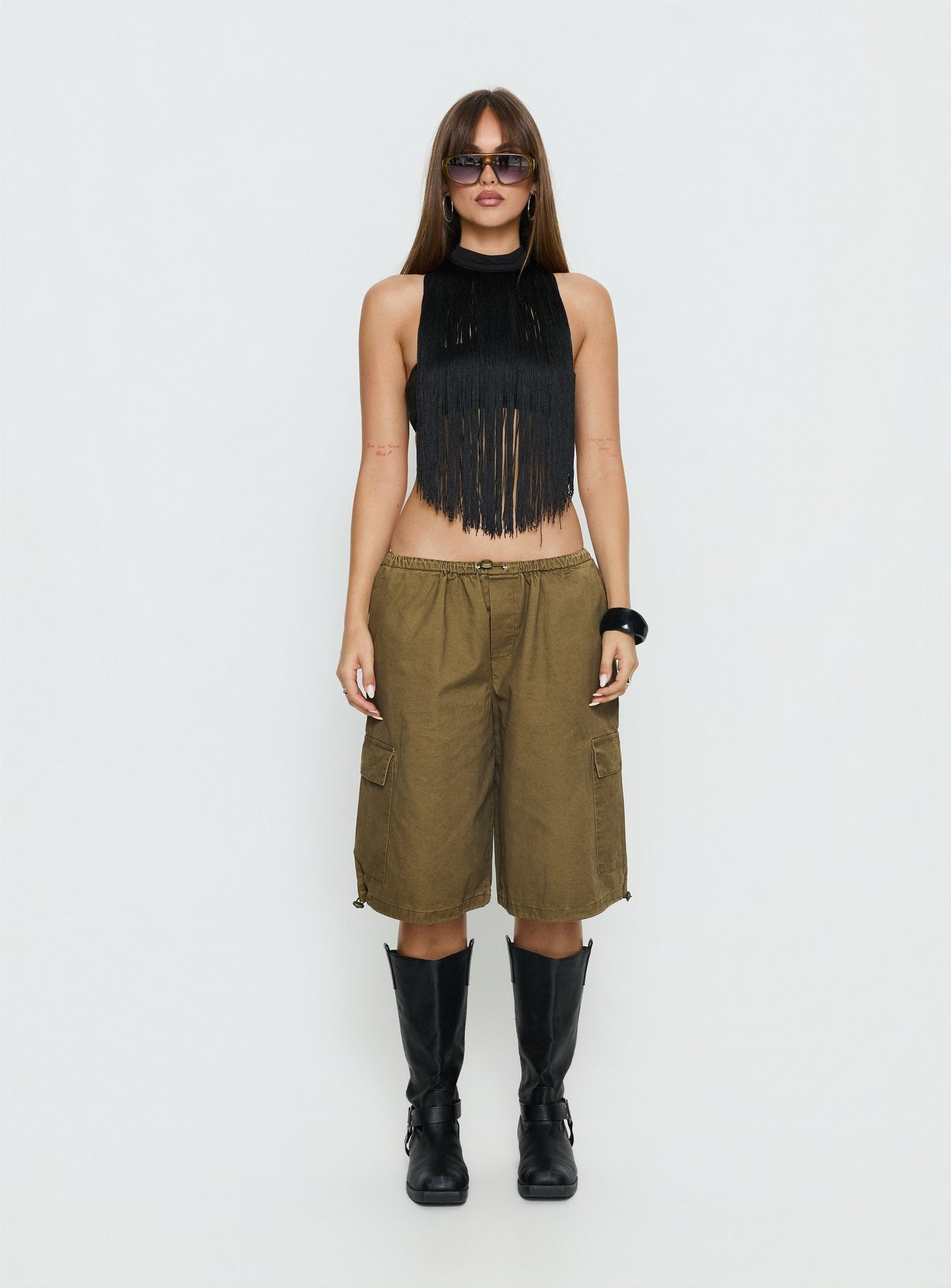 Zephyrine Fringe Asymmetrical Halter Top Black - Image 7