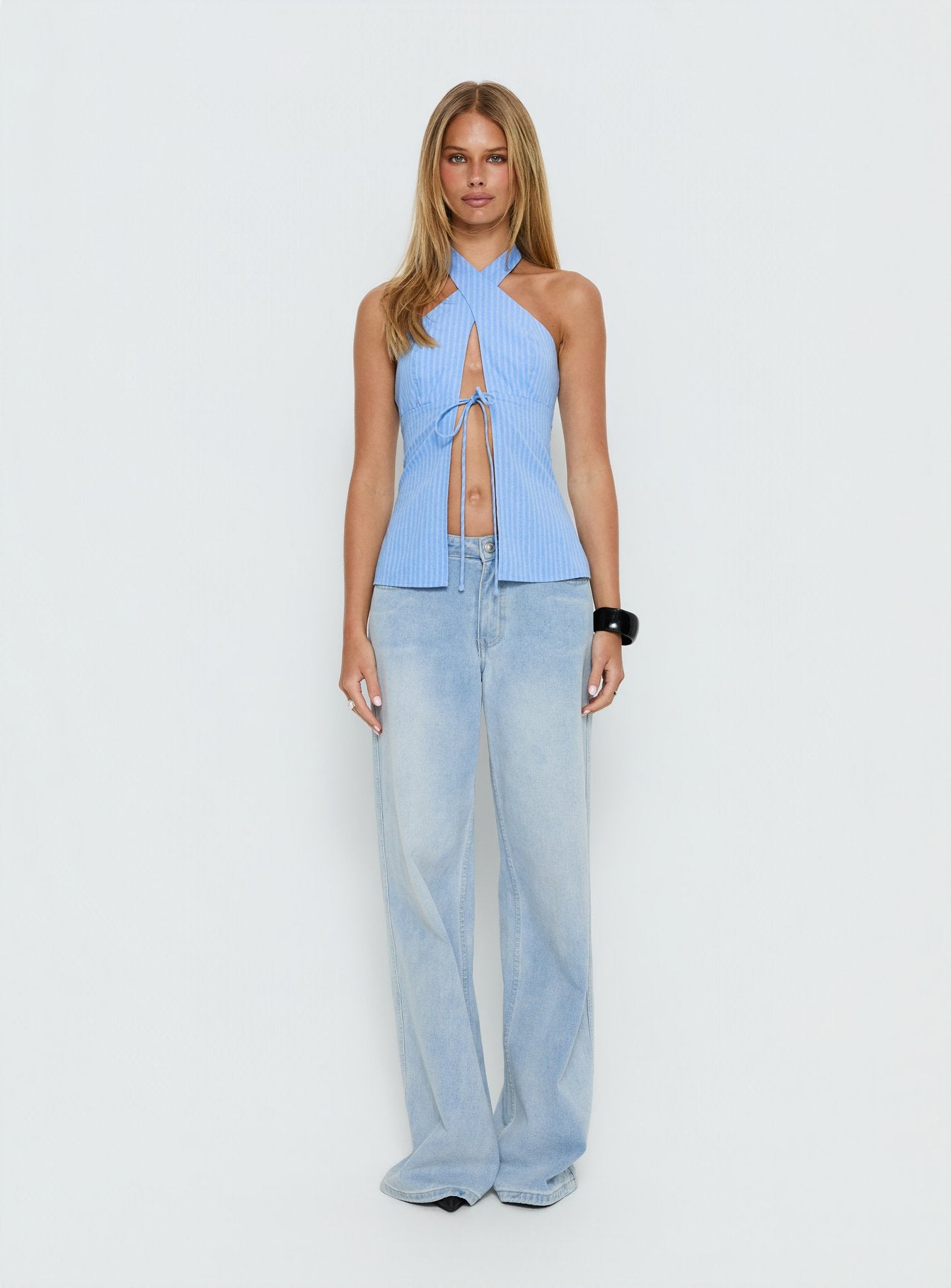 Sensational Cross Front Tie Detail Top Blue Stripe - Image 6