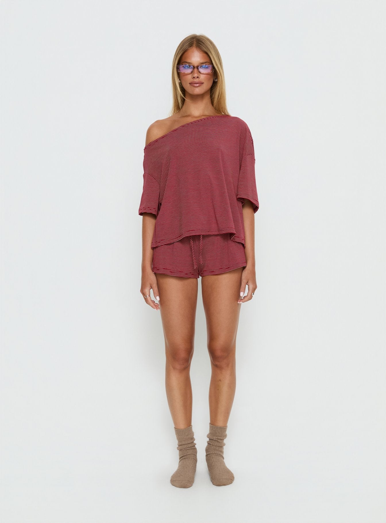 Sugar Surge Off Shoulder Sleep Top Cherry Stripe - Image 7