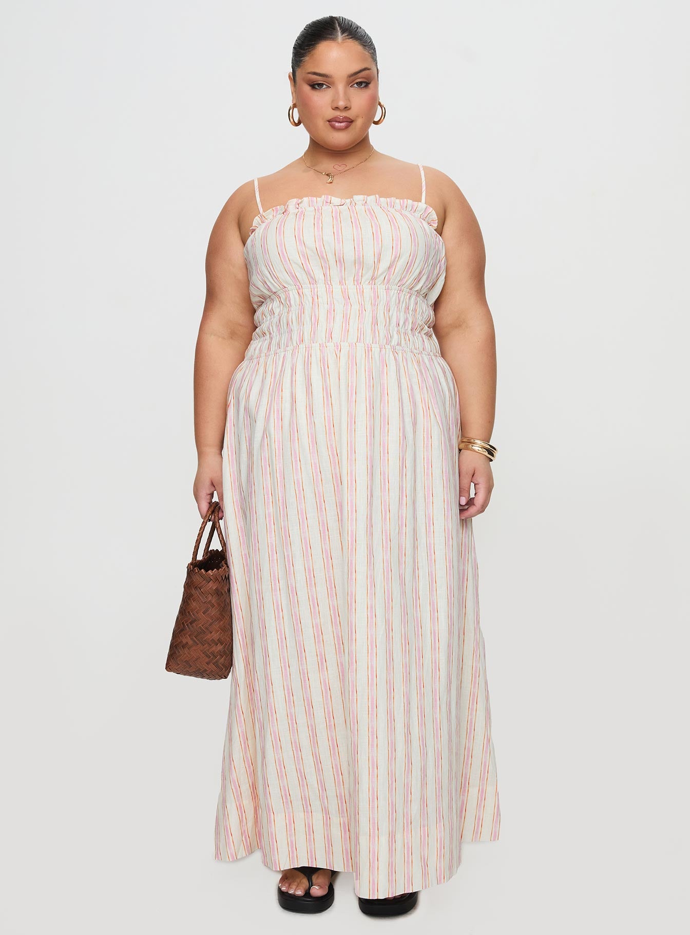 Persephone Shirring Linen Maxi Dress Pink Stripe Curve - Image 7