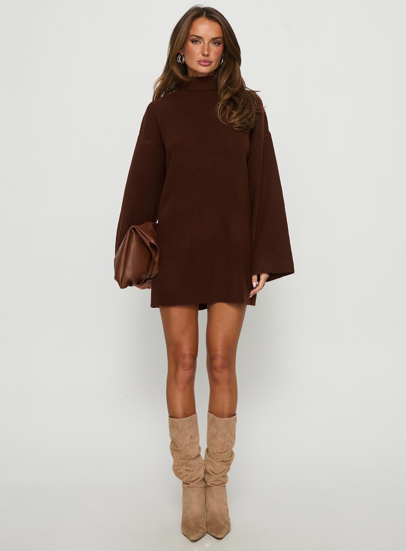 Sonelle Long Sleeve Knit Mini Dress Chocolate - Image 6