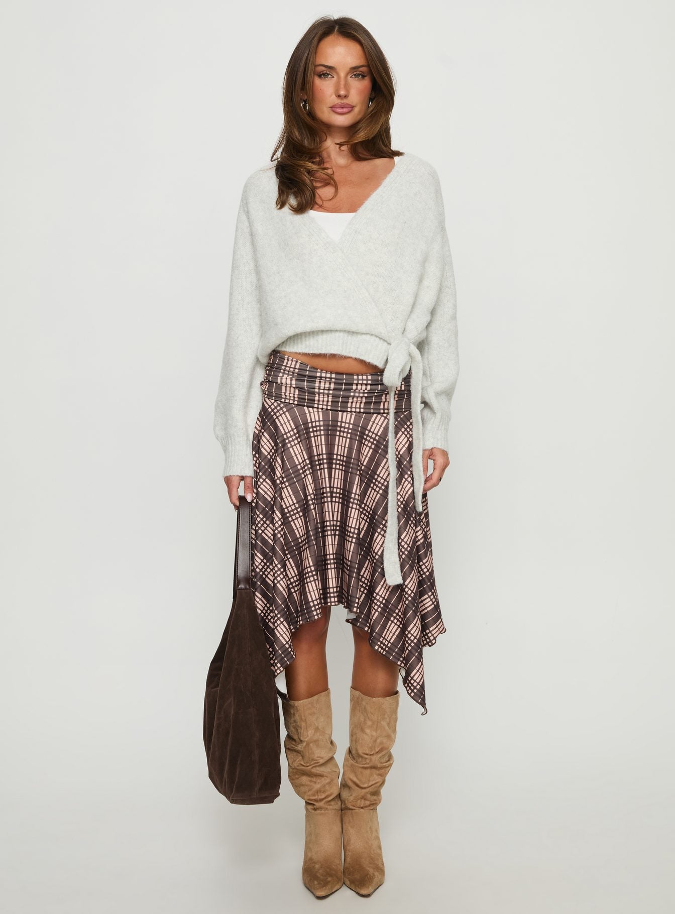 Scholar Asymmetrical Midi Skirt Brown Check - Image 7