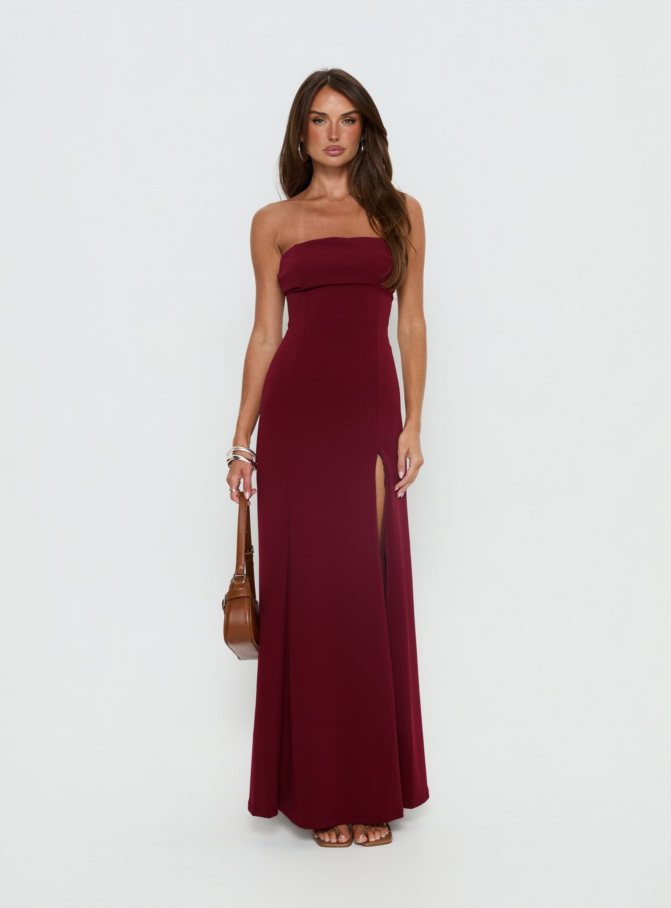 Diamanti Strapless High Slit Maxi Dress Burgundy - Image 7