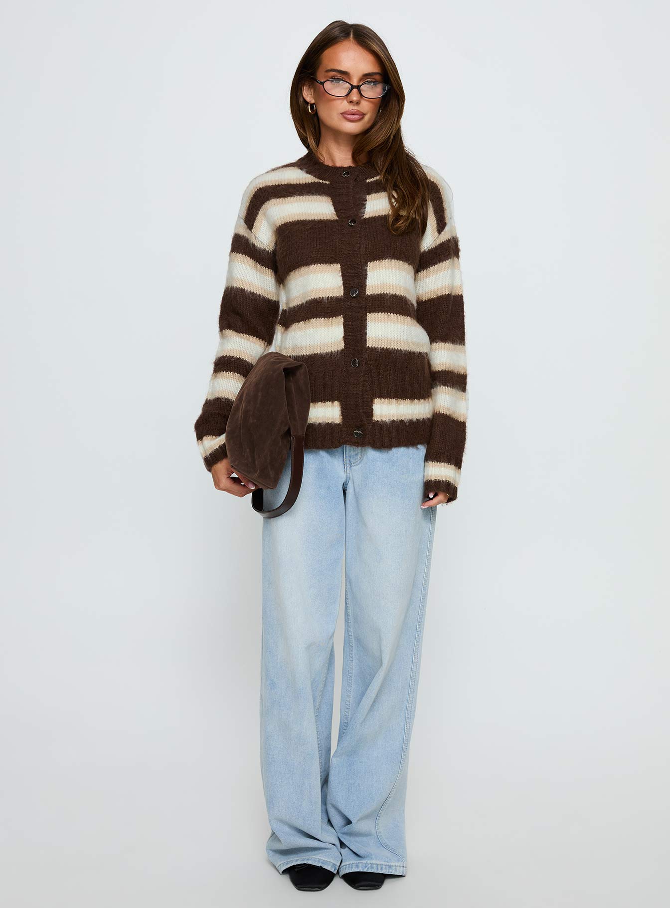 Cultivated Fluffy Knit Cardigan Brown Stripe - Image 7