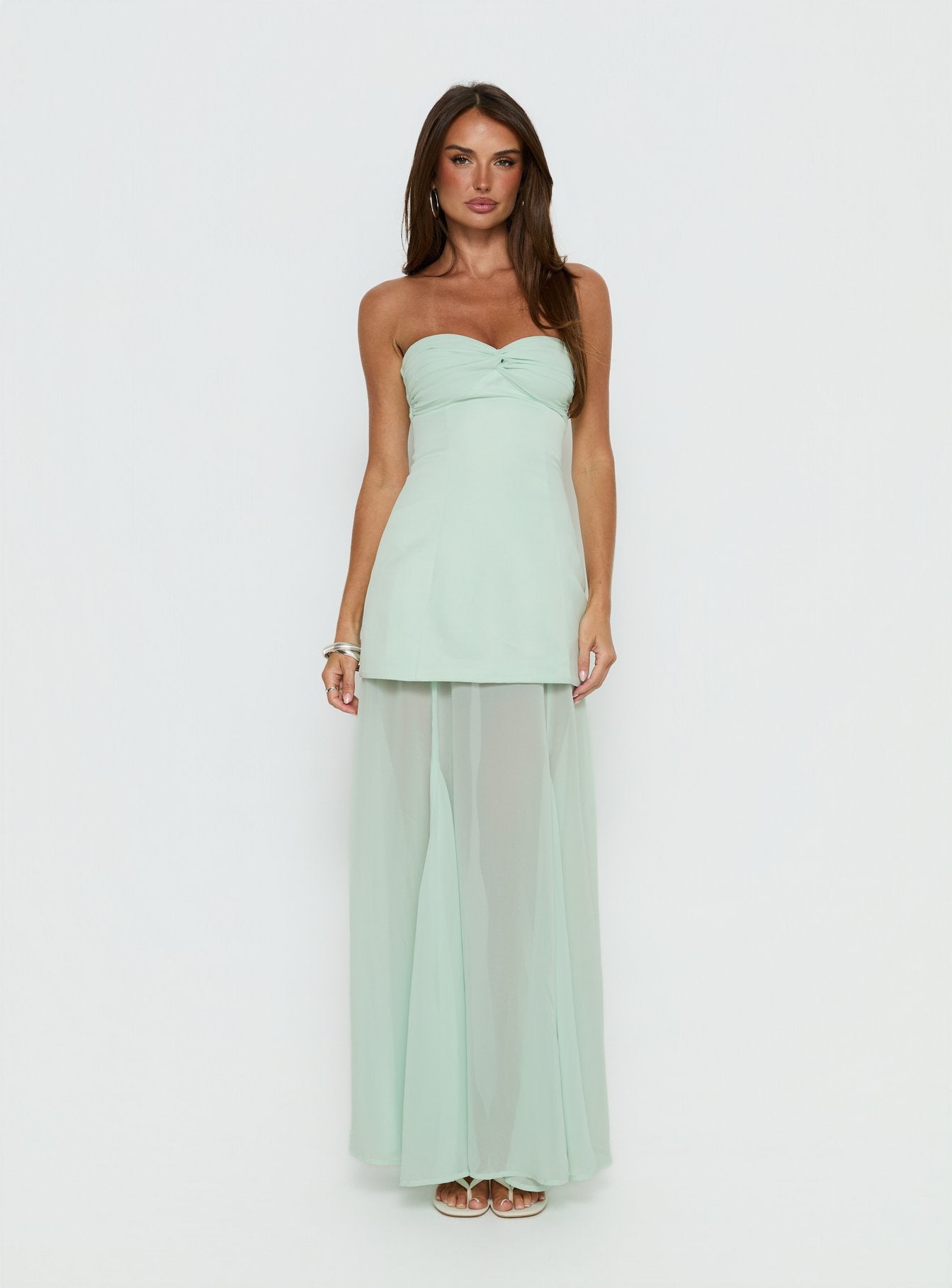 Flashy Sheer Chiffon Strapless Maxi Dress Green - Image 7