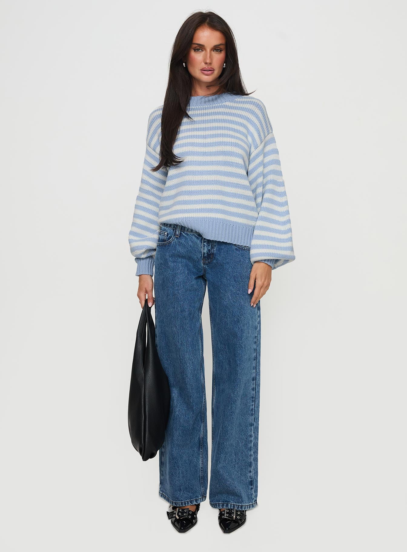 Harmony Balloon Sleeve Knit Sweater Blue / White Stripe - Image 7