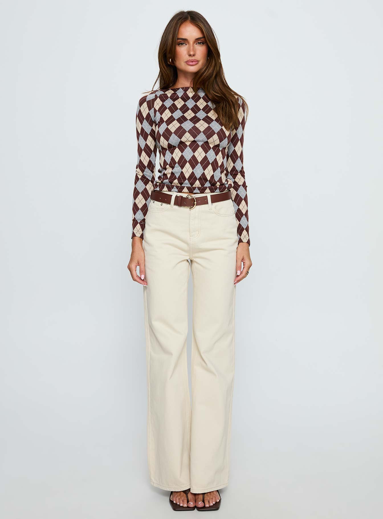 Shonna Boat Neck Long Sleeve Top Argyle - Image 7