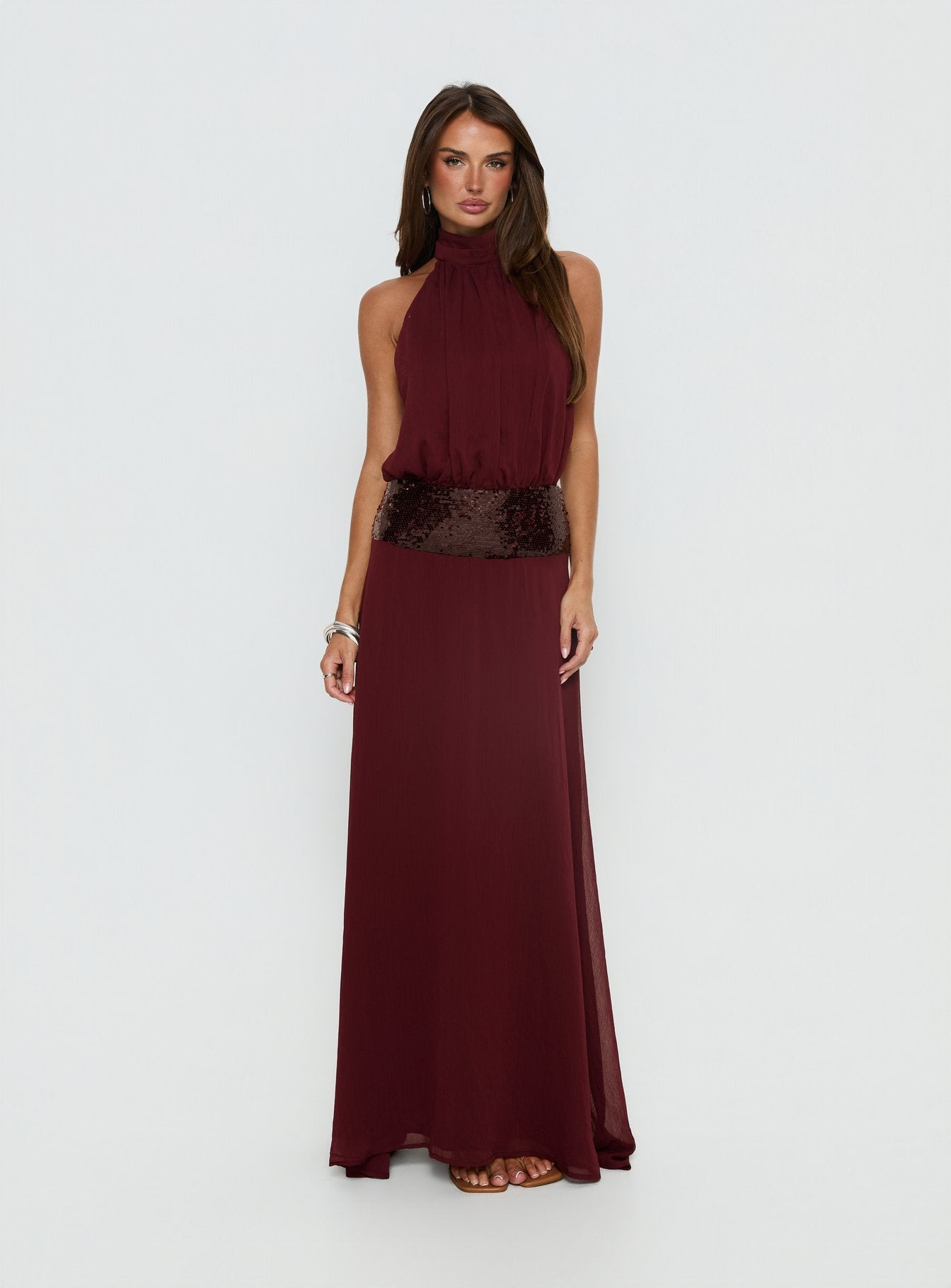 Darwinn Drop Waist Sequin Detail Maxi Dress Burgundy - Image 7