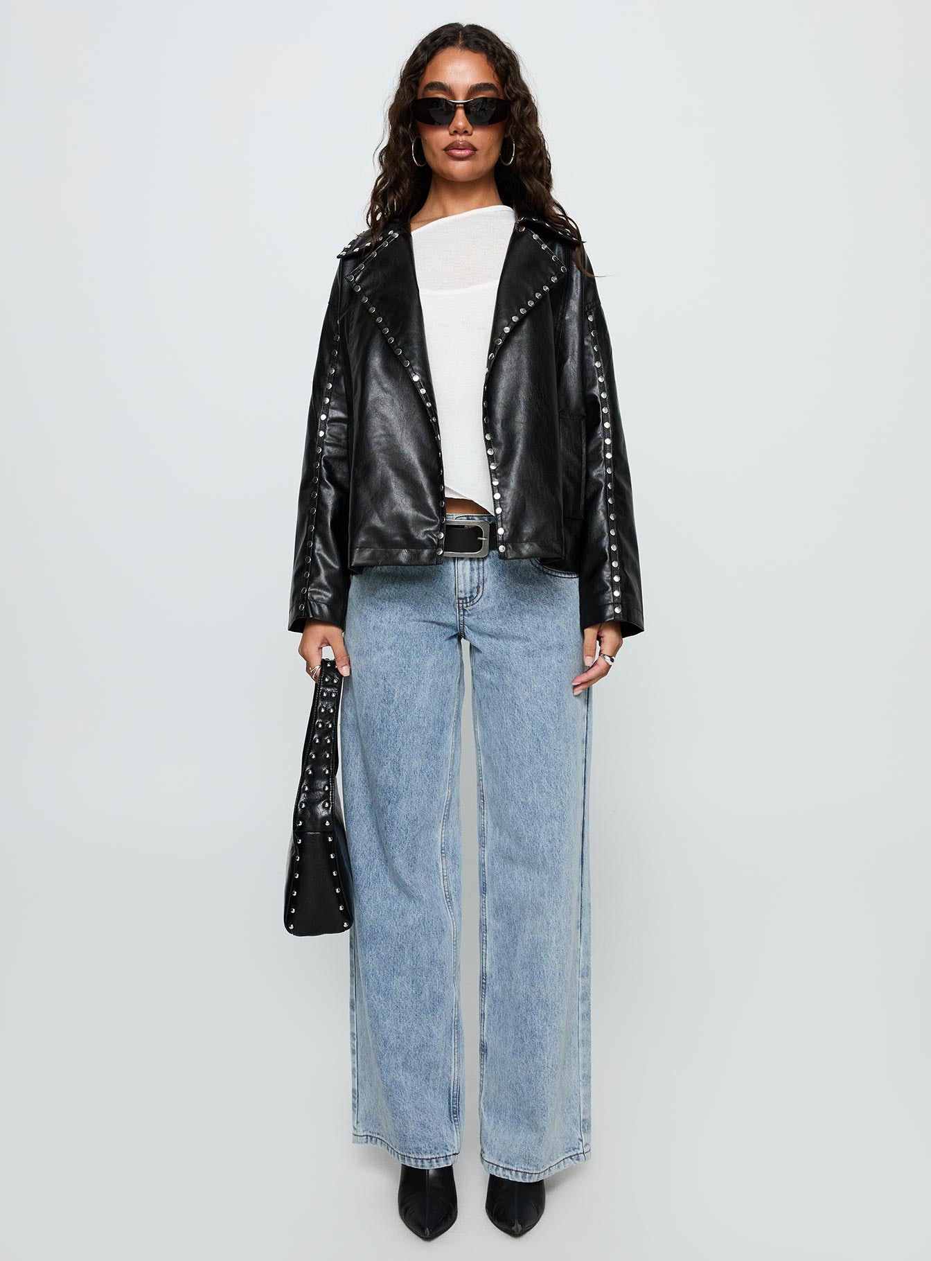 Kaeden Faux Leather Stud Detail Biker Jacket Black - Image 7