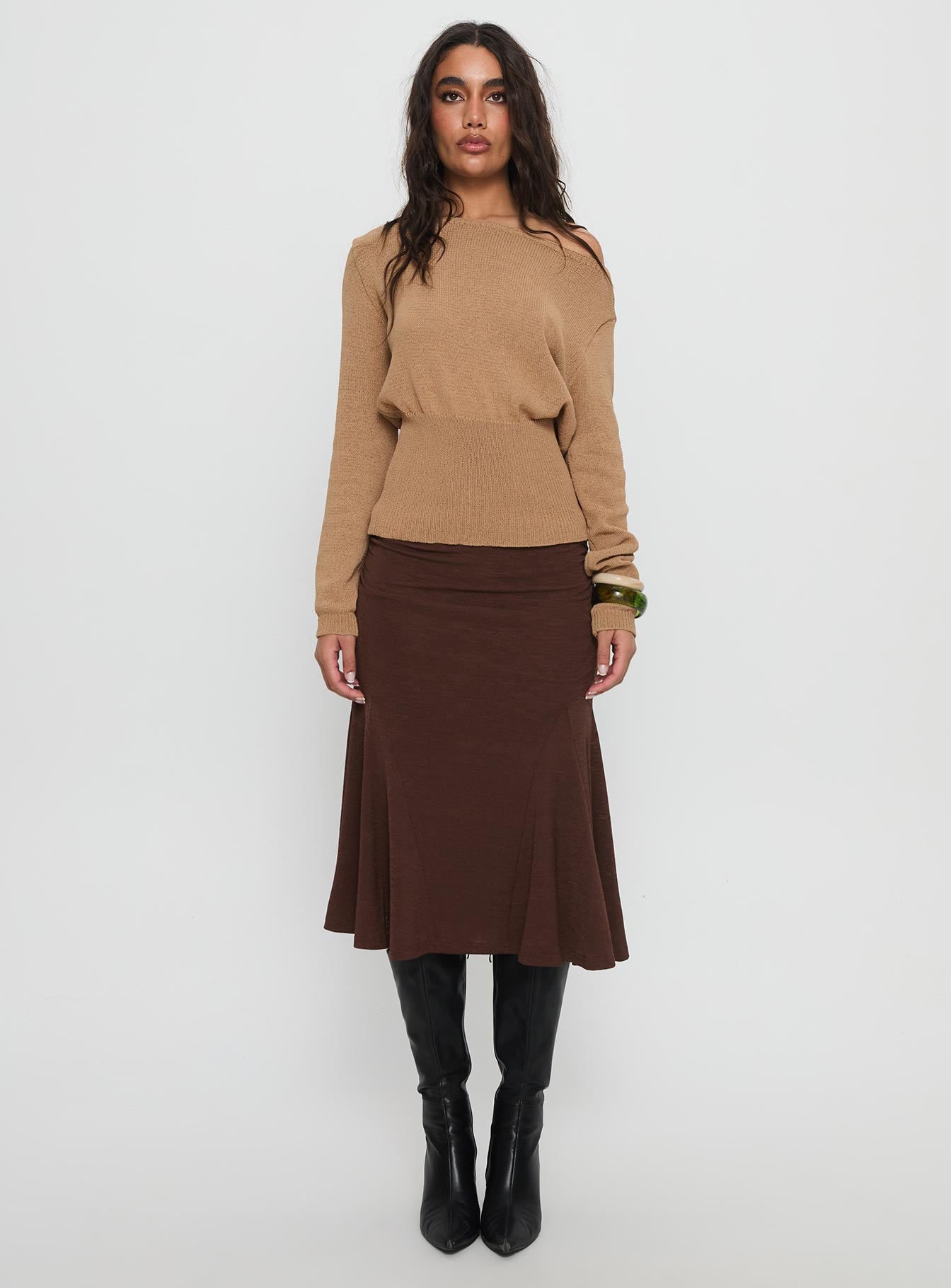 Xaria Off Shoulder Knit Sweater Tan - Image 7