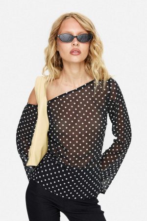 Shiona Sheer One Shoulder Long Sleeve Top Black Polka